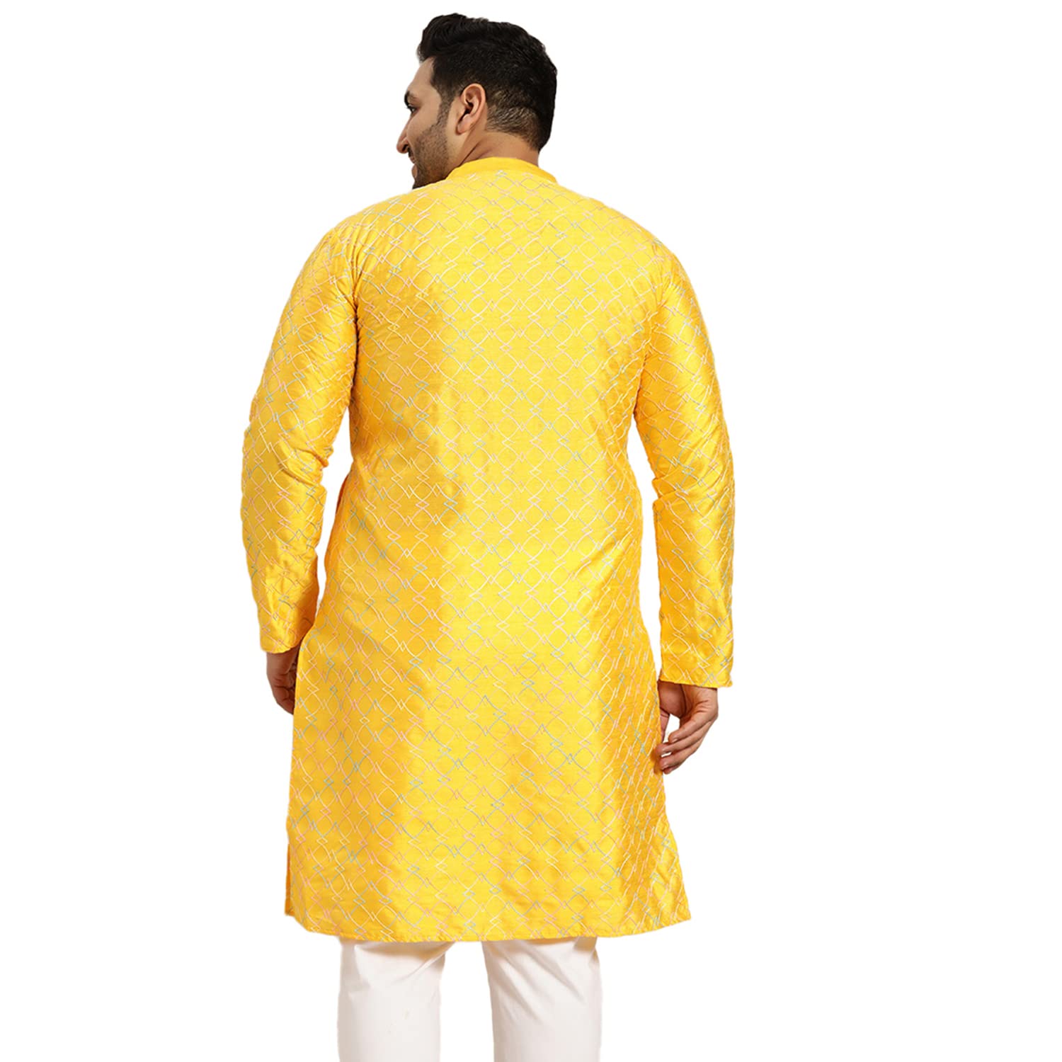 Sojanya Plus (Since 1958) Men's Mustard Silk Blend Long Kurta With Multi Color Embroidery
