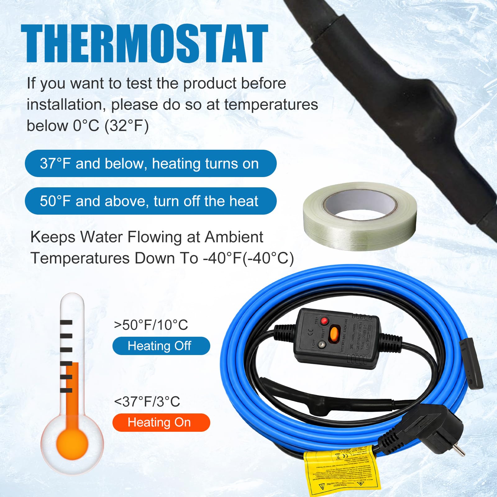 Heizkabel mit Thermostat,25 W/m Frostschutz Heizkabel mit FI-Schutzstecker,Begleitheizung Wasserleitung,Selbstregulierendes Heizband Frostschutz für Wasserleitungen Pflanzen und Dachrinnen,IP54 (6M)