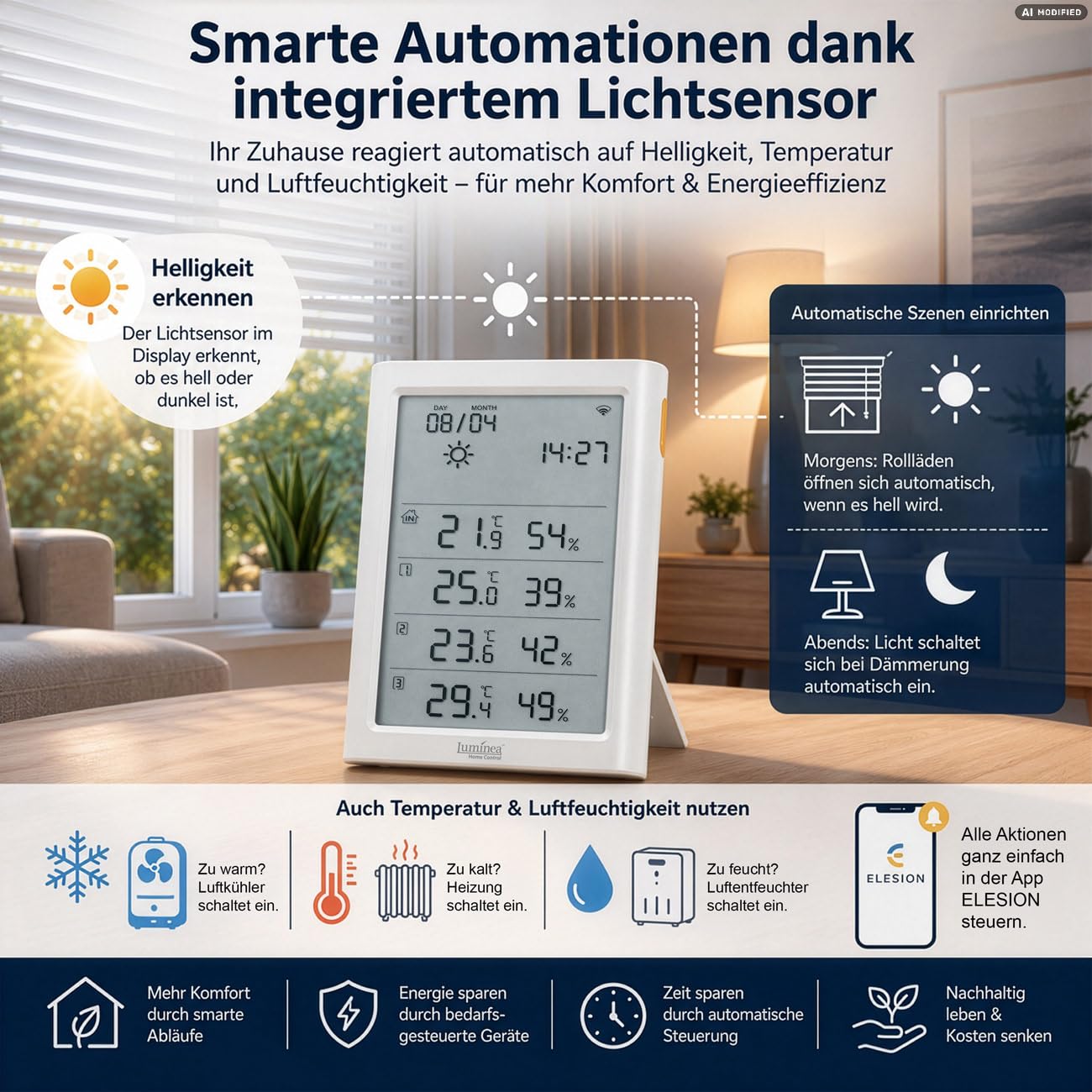 Luminea Home Control LCD-Thermometer: WLAN-Hygrometer-/Thermometer-Station, 3 Sensoren, Sirene, Lichtsensor (Funk-Temperatursensor, Temperatur-Außensender)