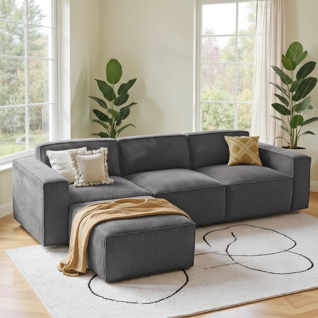 Amada Memory Foam Modular Sofa, 30.7" Convertible Single Seater with Back Support - Plush Corduroy Lounge Chair for Bedroom, Living Room | Sectional Middle Piece（1-Seater Back Chair,Grey）