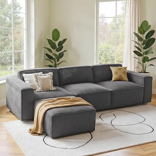 Amada 111” Modular Sectional Sofa Couches L-Shape Couch 3 Seat Modular Sofa Memory Foam Sectional Couches for Living Room, Cloud Couch with Movable Ottoman(3-Seater&1 Ottoman,Grey)