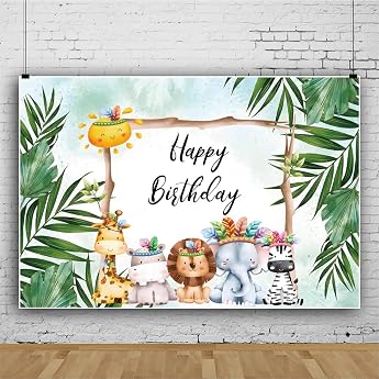 220x150cm Happy Birthday Hintergrund Primitive Times Dschungel Tiere Fotografie Tropische Pflanzen Gr ne Palmenbl tter Baby Shower Decor Banner
