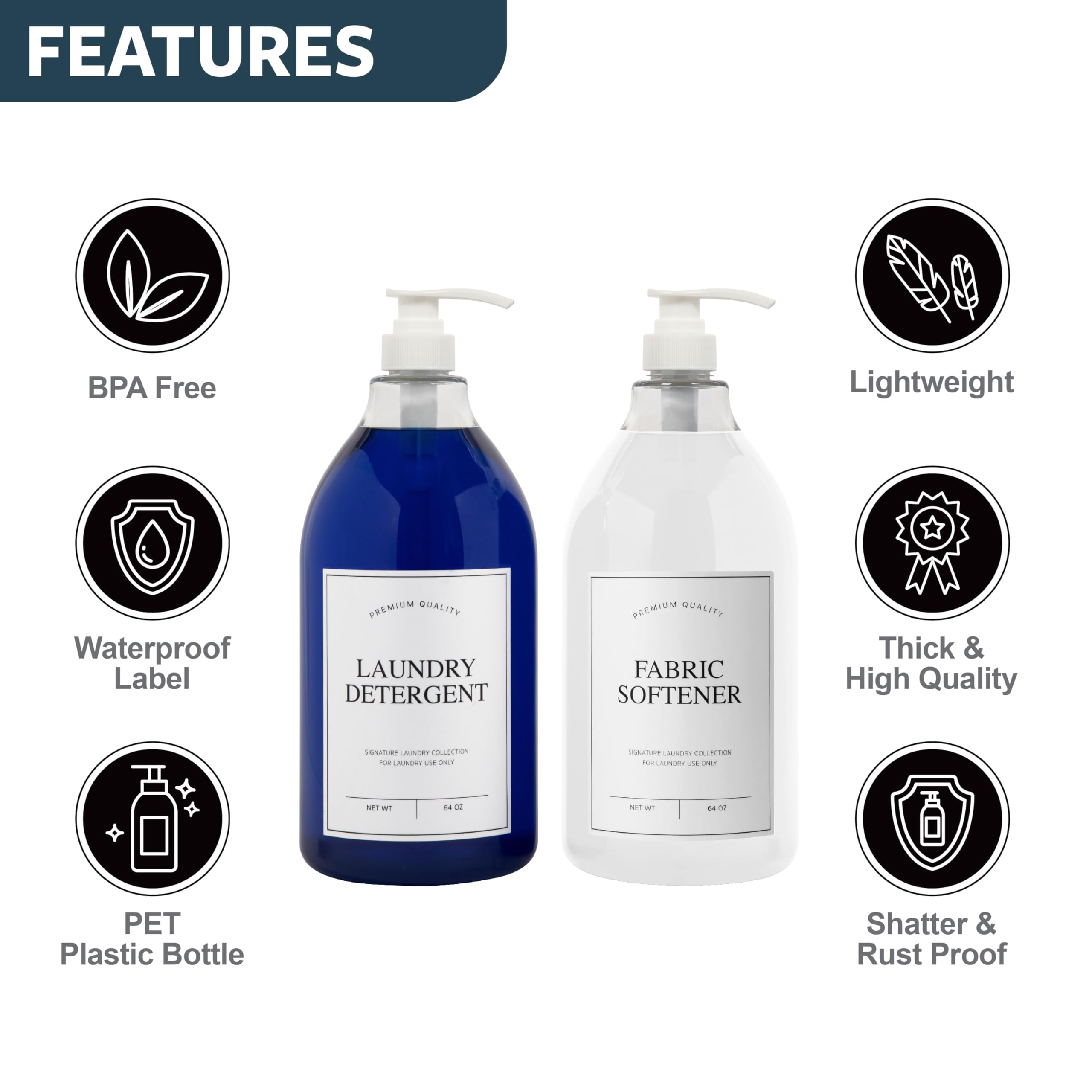 Calindiana Modern Farmhouse - Dispenser di detersivo liquido per bucato e ammorbidente per lavanderia, decorazione e organizzazione, in plastica PET, con etichette resistenti all'acqua, trasparente