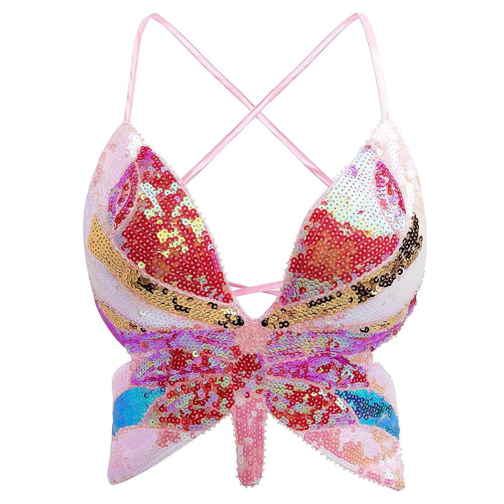 Wudaizhi Damski cekinowy crop top z motylem - do klubu, strój plemienny, odzież taneczna, brokatowy biustonosz na Halloween, rave, imprezę, festiwal