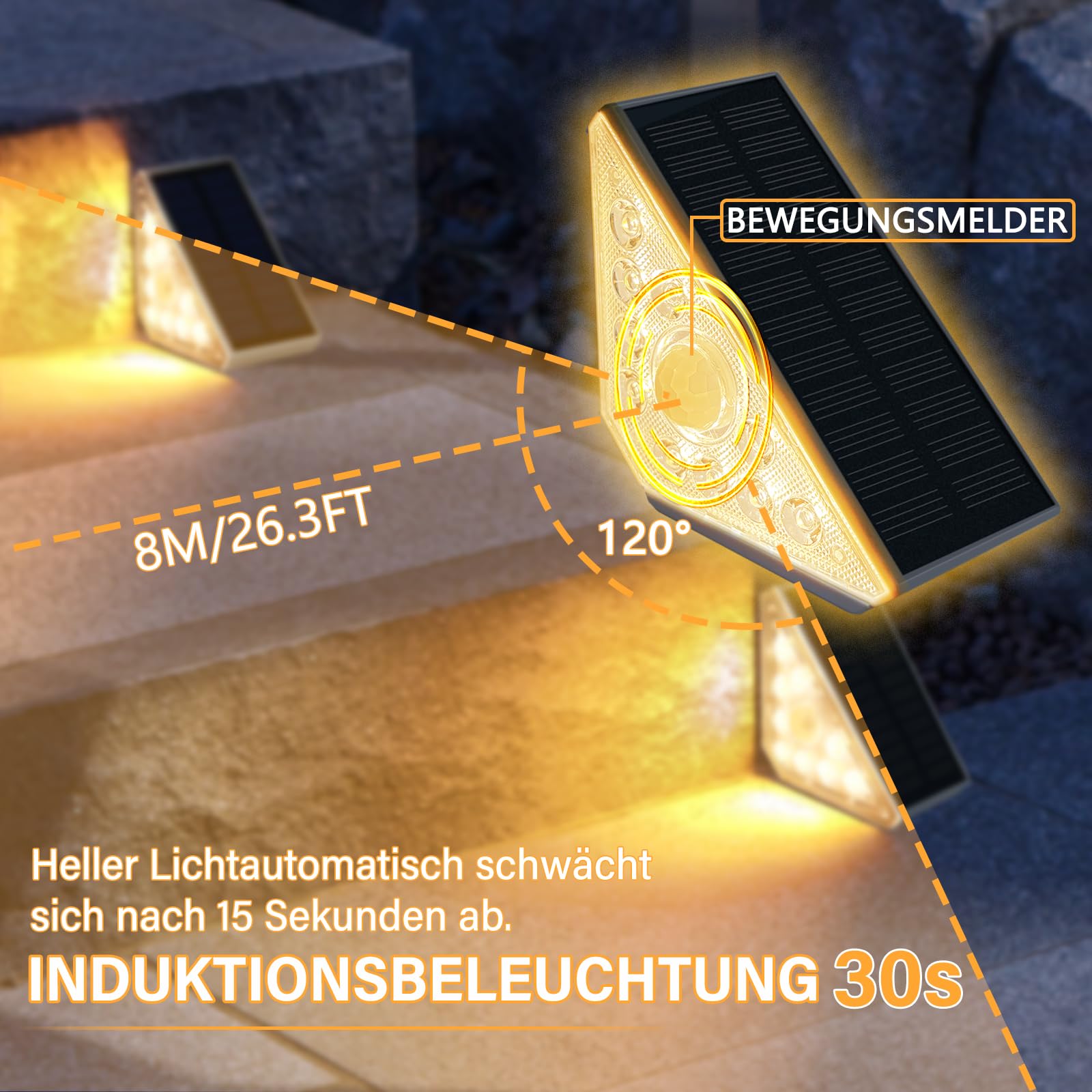 4 luci solari per scale esterne con sensore di movimento, luce bianca calda, illuminazione solare per scale, impermeabilità IP44, 800 mAh, per giardino, scale, patio, porta d'ingresso