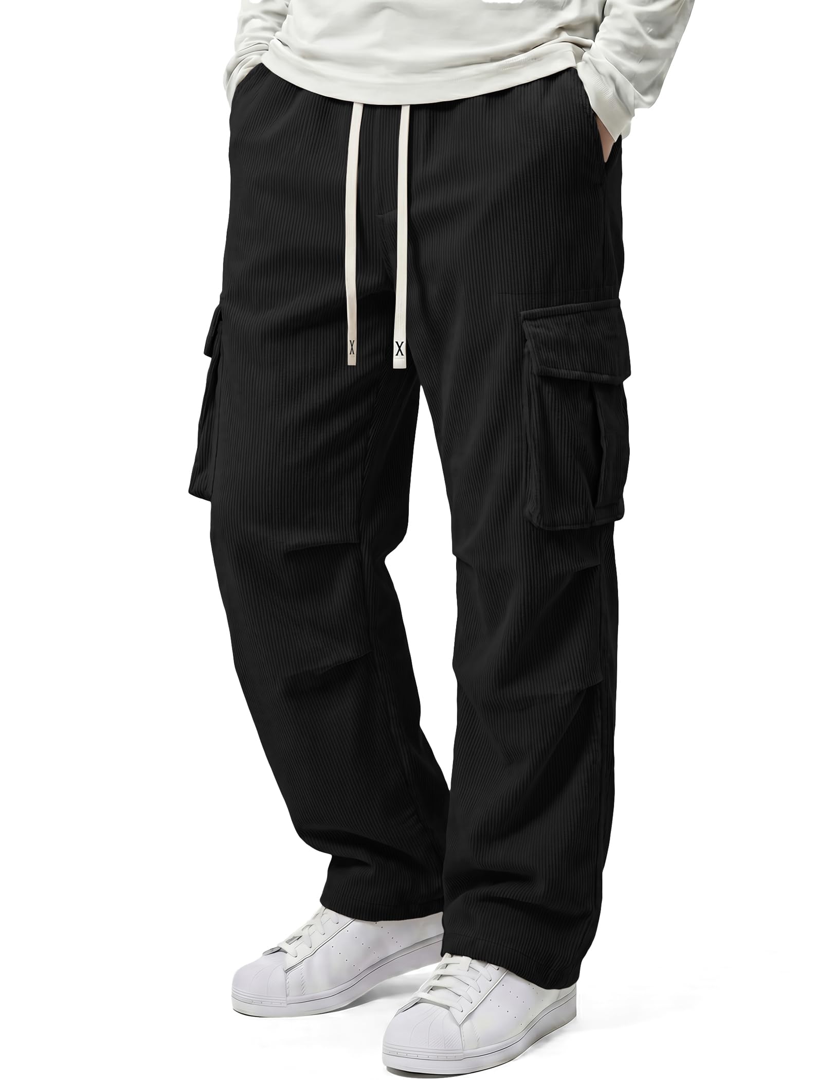 Mens Casual Corduroy Cargo Joggers Pants Baggy Tapered Sweatpants