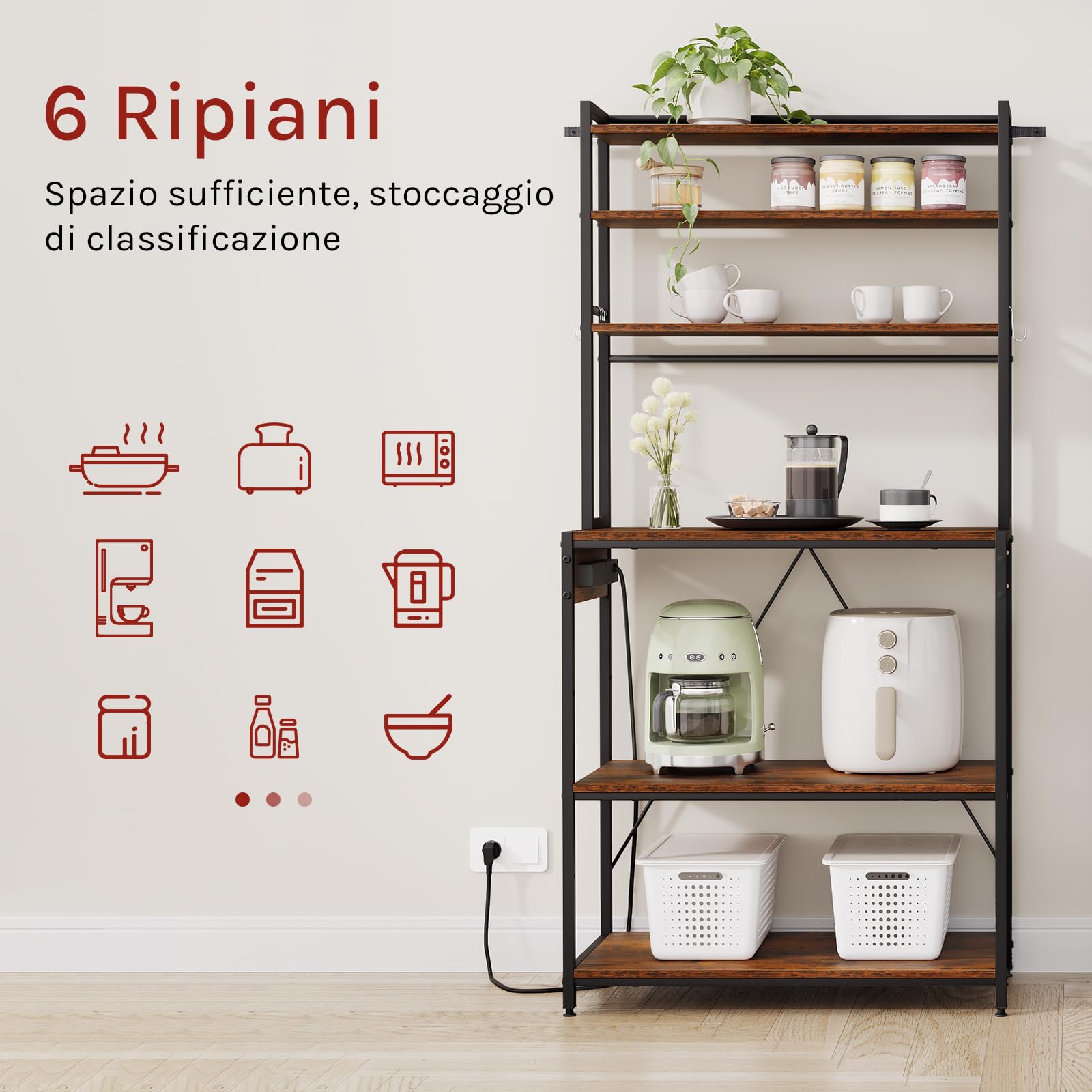 WOLTU Scaffale da Cucina a 6 Livelli con Prese di Corrente, Scaffale per Microonde con Struttura in Metallo e Piano di Lavoro Aperto, Nero+Marrone Rustico, 80x39,5x167cm