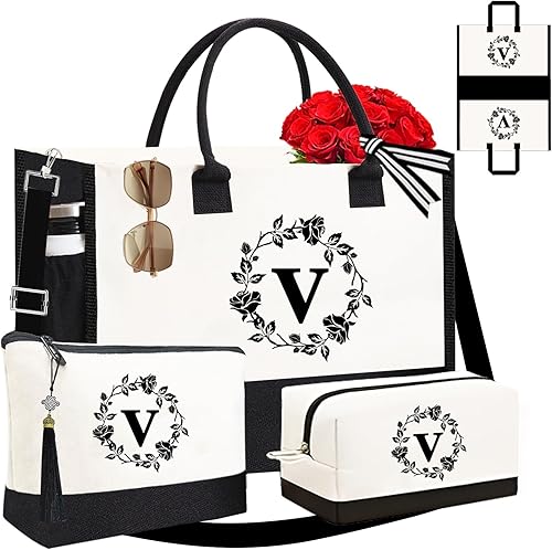 Miniatura 20 de Adyoung - Bolsas de mano con monograma, 3 bolsas de mano personalizadas con iniciales para mujeres, regalos de cumpleaños, bolsa de lona con letras