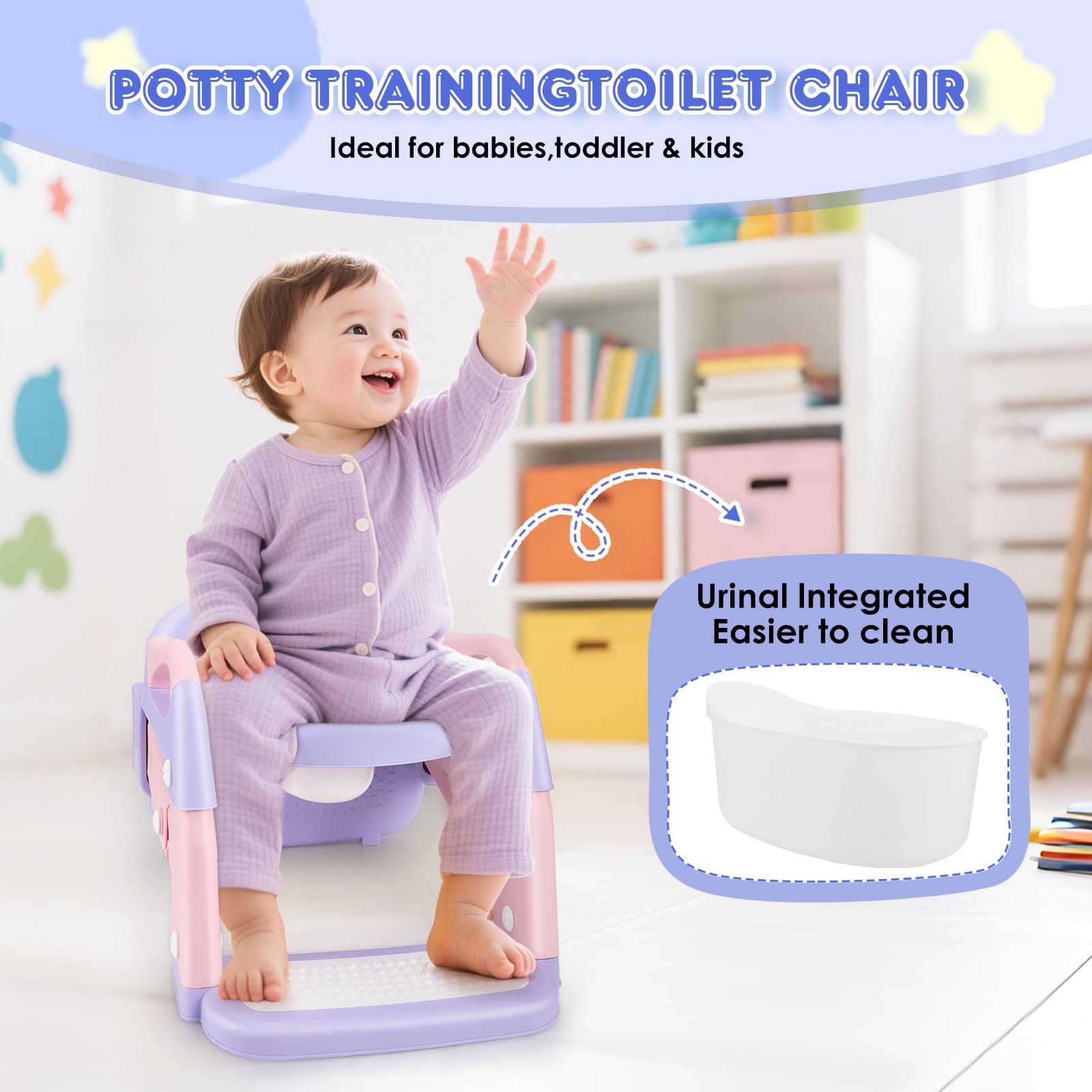 3 IN I Riduttore WC Bambino, Adattatore WC per bambini con passeggiata, Rialzo WC per bambini, Riduttore WC con cuscino, altezza regolabile pieghevole, antiscivolo, adattatore WC per bambini