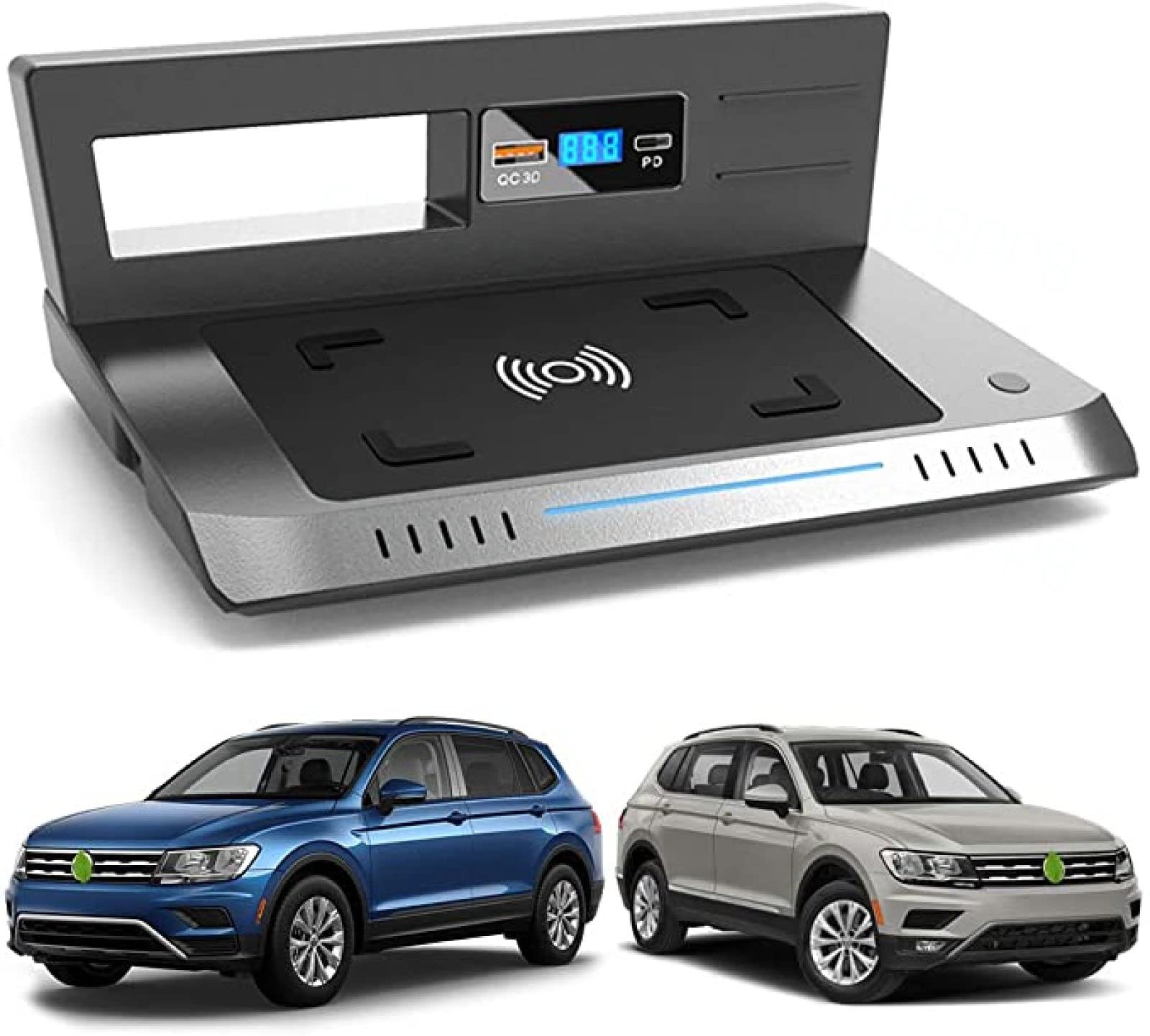 Cargador de coche inalámbrico Qi rápido de 15 W [sentido electromagnético] almohadilla de carga inalámbrica para VW TI-GUAN 2018 2019 2020 2021 Panel de accesorios de consola central con USB QC3.