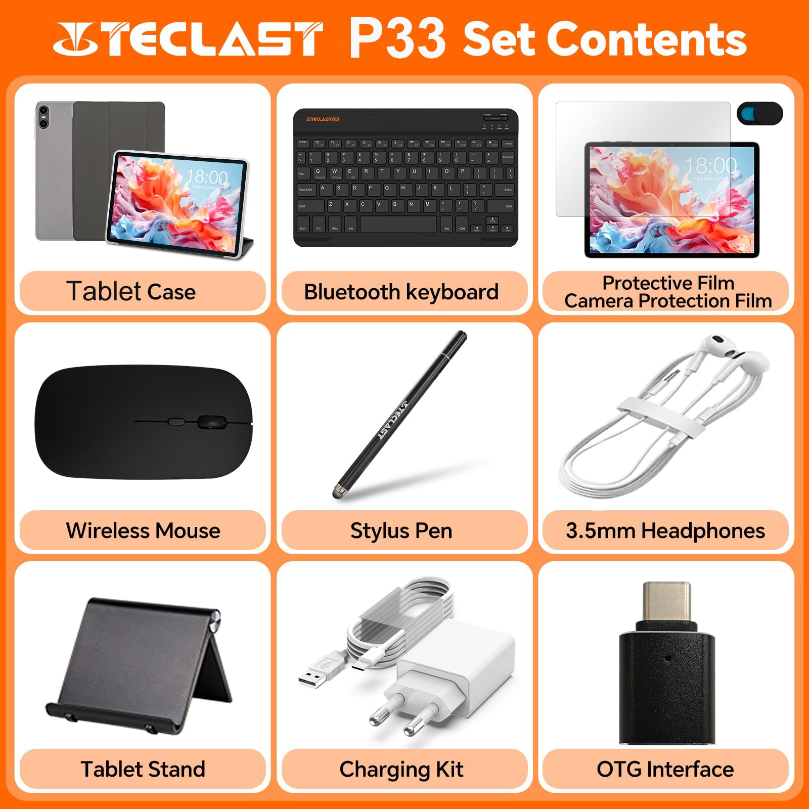 TECLAST P33 Tablet 10 Pulgadas Gemini AI, Android Tableta con 10 Accesorios, 64GB+4TB TF, 2GHz Octa-Core, Widevine L1, WiFi 6, 6000mAh/BT5.4/OTG, Tablet con Teclado+Lápiz+Funda+Ratón+Auriculares, 2026