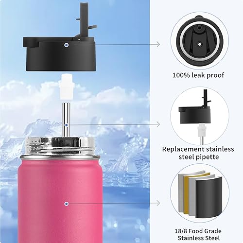 Miniatura 8 de koodee Botella de agua de 22 onzas de acero inoxidable aislada al vacío de boca ancha con tapa con pajilla, botella de agua deportiva de metal