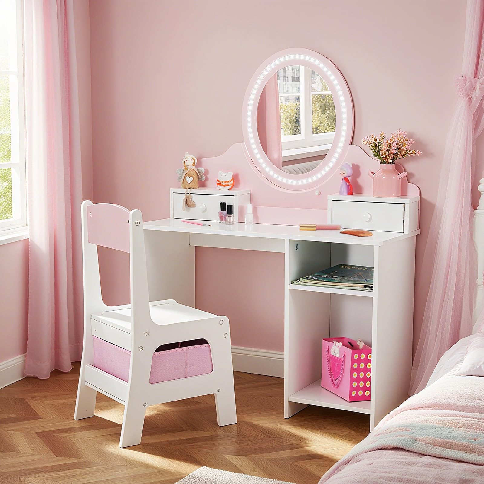 JOYLDIAS 2 in 1 Schminktisch Kinder mit Hocker und LED-Spiegel, Prinzessin Frisiertisch Schreibtisch mit Schublade, Regal und Körbchen, Kinder Schminktisch für mädchen ab 3 Jahre, Rosa