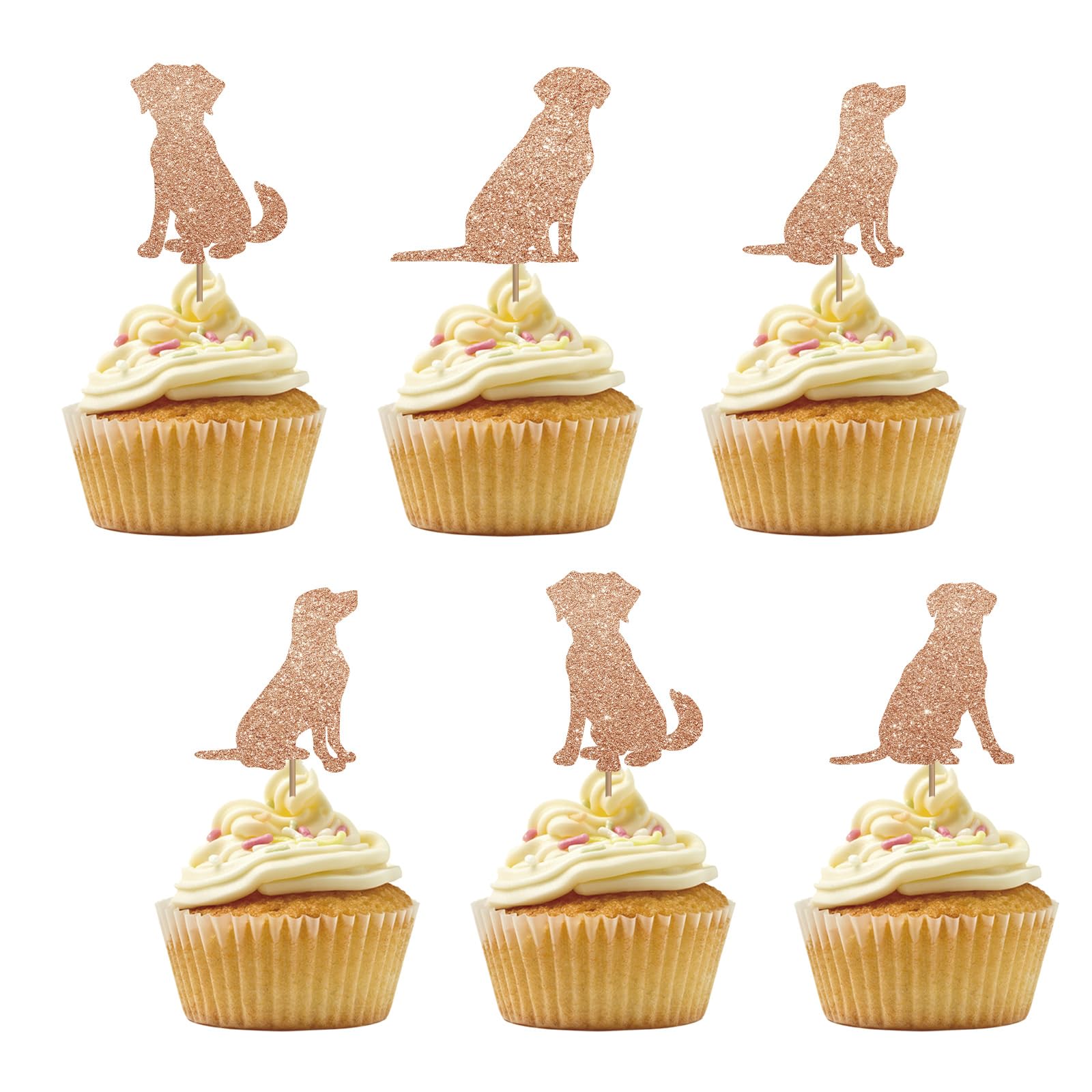 Set of 24 Labrador Cupcake Toppers, Dog Birthday Cupcake Toppers, Brown Glitter Pet Dog Puppy Cupcake Picks for Kids Birthday, Let's Pawty Party Supplies