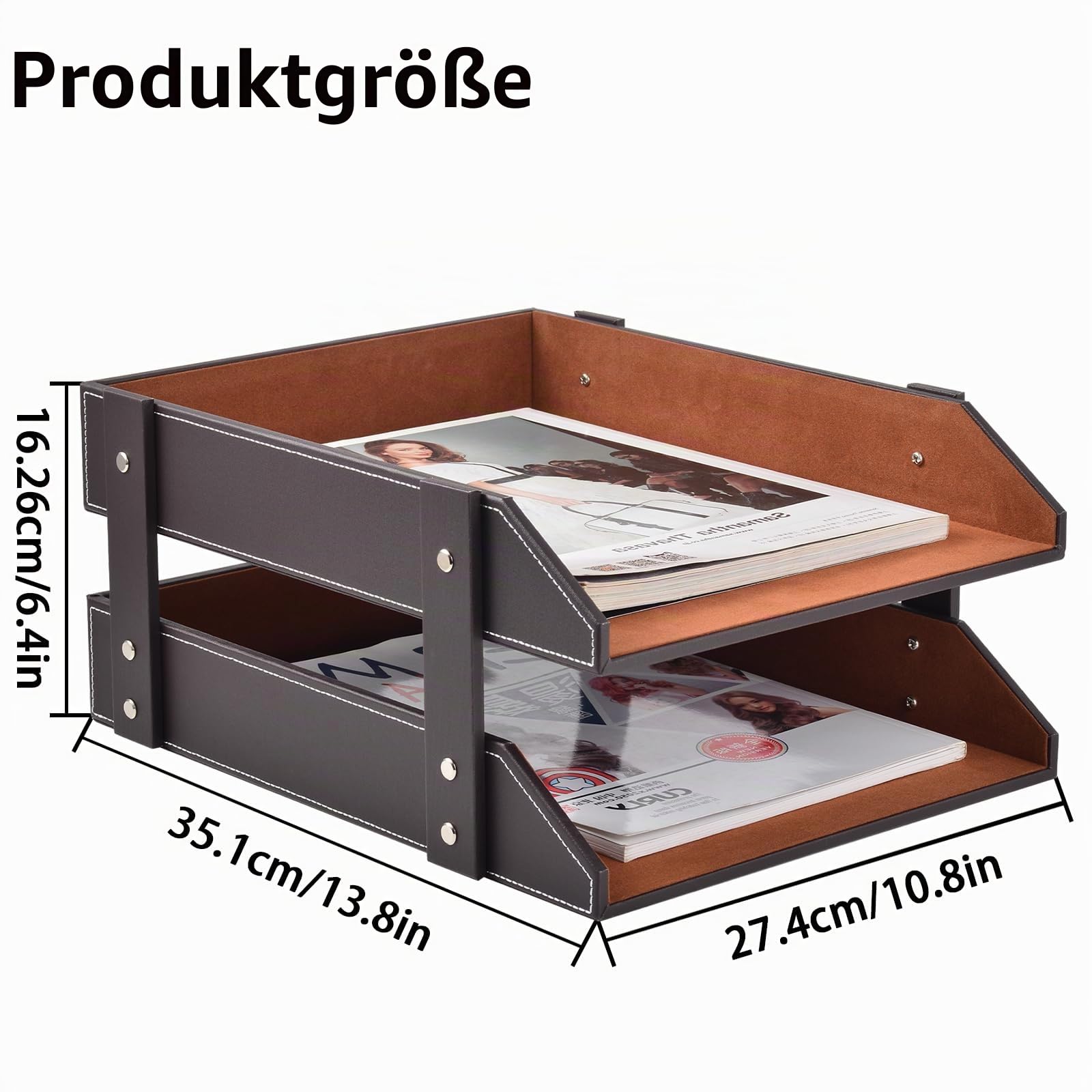 Leder Briefablage,Schreibtisch Organizer,Briefablagen & Stapelsysteme für den Schreibtisch A4-Stapelbare Ablagefächer für Briefe,Papierhalter,Postkörbe,Zeitschriften,2 Zimmer,Braun