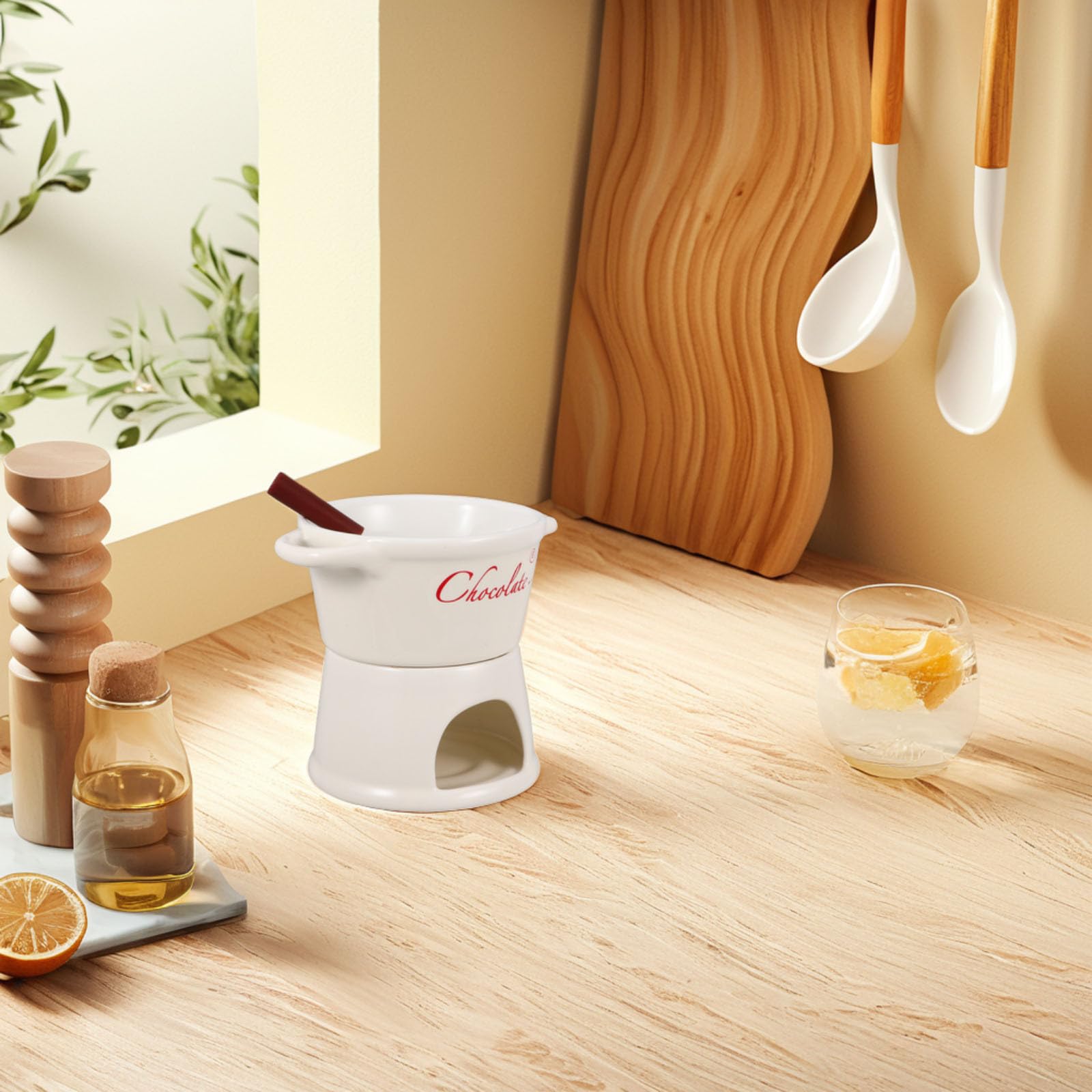 SOLUSTRE Olla para Fondue de Chocolate de Cerámica de Color Claro Función de Derretir Chocolate y Fácil Limpieza Adecuado para Reuniones Familiares y Obras Culinarias