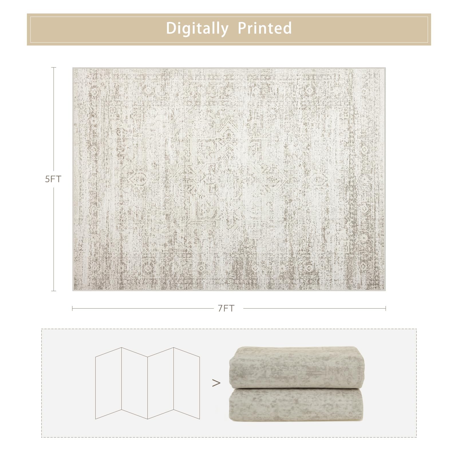 Washable Rugs 5x7 Area Rugs for Living Room,Rugs for Bedroom, Large Carpets,Ultra Soft Faux Wool Retro Dining Room Rug,Non Slip&Non-Shedding Low Pile Vintage Print Rug for Home Office Decor