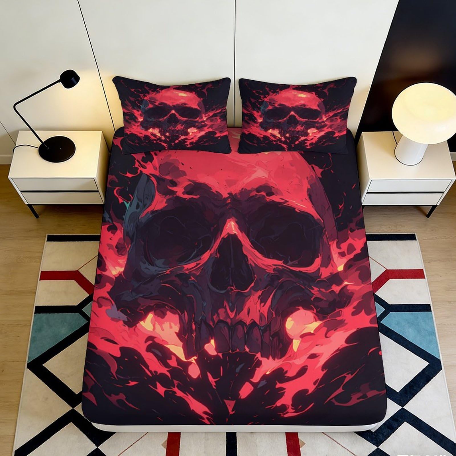 3D Printed Red Skull Fitted Sheet Microfiber Soft Gothic Flame Bed Cover for Bedroom Dorm Mattress Protection Decor 90x200x25cm