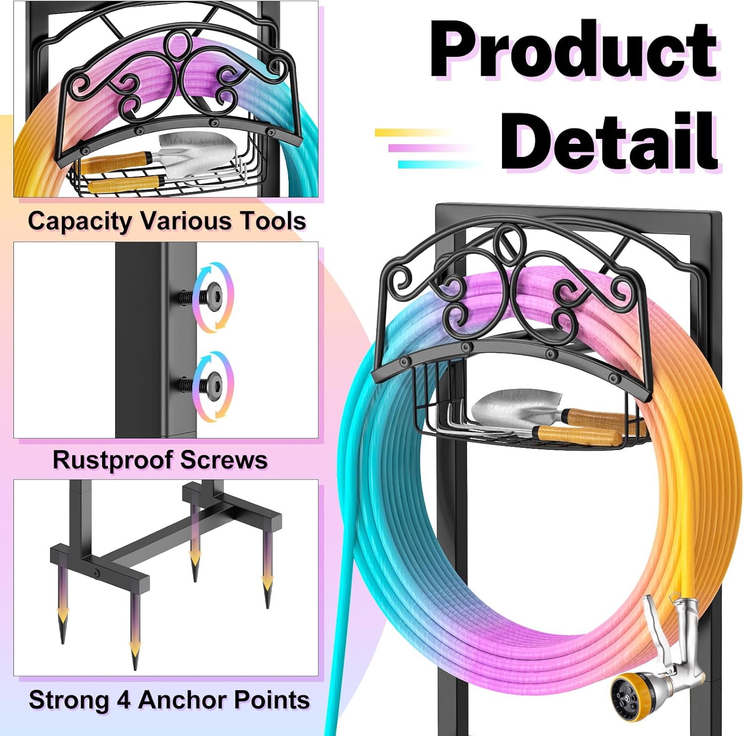 Garden Hose Holder, Metal Water Hose Holder with Storage Basket, Heavy Duty 4 Spikes Hose Hanger Holds 150 Feet Hoses, Freestanding Hose Storage Reel Rack for Outdoor Yard Lawn