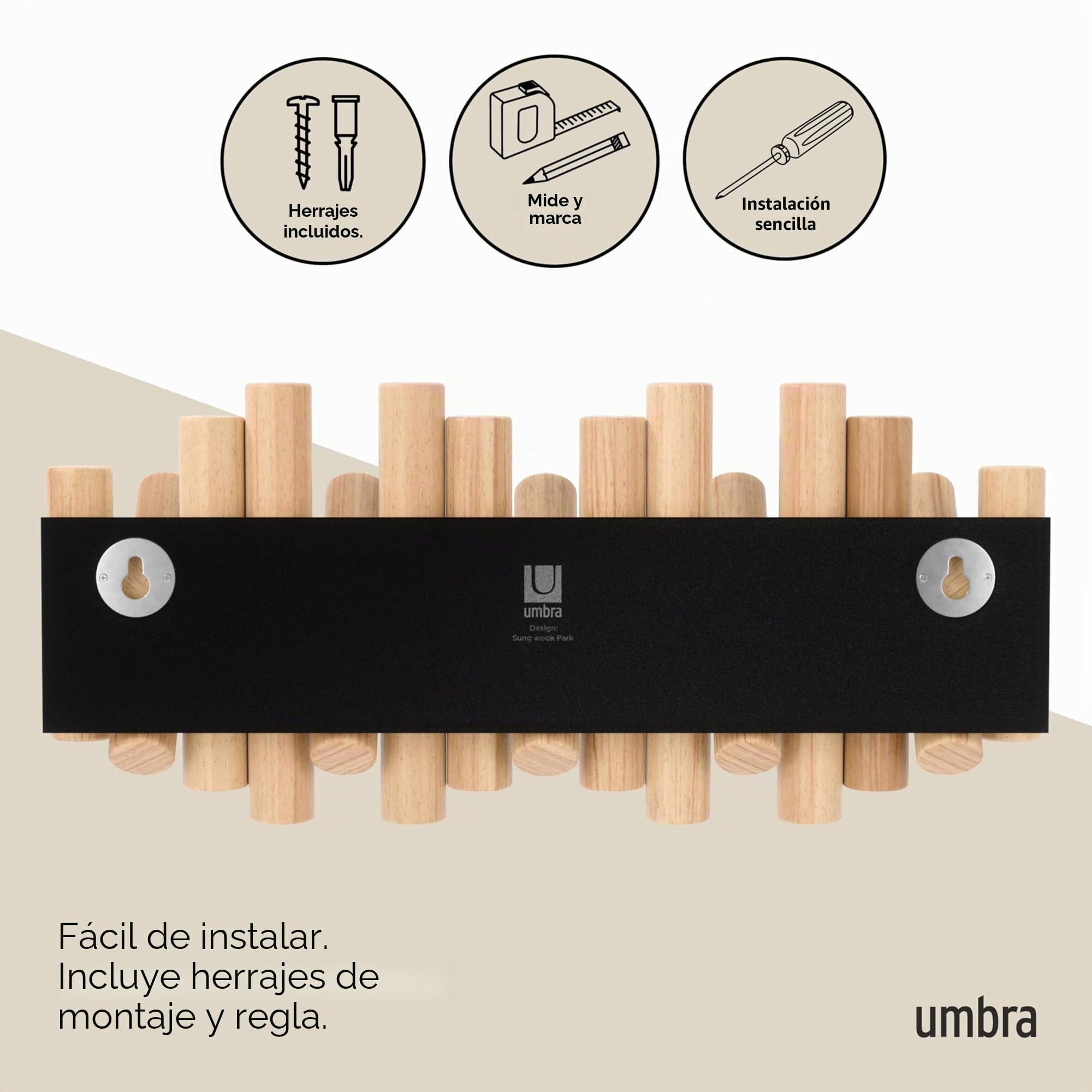 Umbra Picket Percha de Pared con 5 ganchos extraíbles, Natural