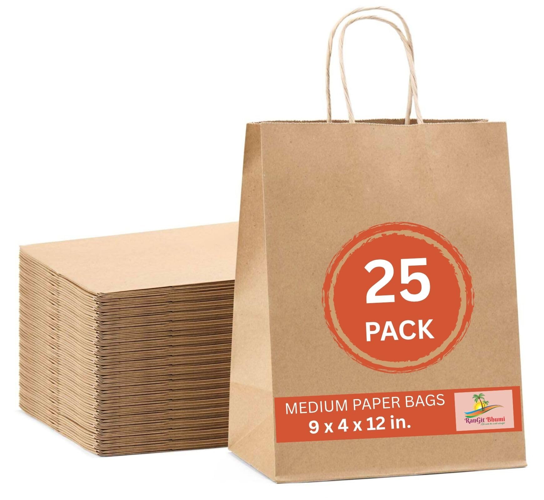 RanGit Bhumi® Kraft Paper Bags with Handles - Medium Brown Bags, Return Gift Craft Paper carry Bag for Shopping Retail Merchandise - Disposable (9x4x12 in Brown, 25 pack)