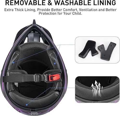 Miniatura 7 de Juego de 4 cascos de motocross para niños y jóvenes, juego de 4 piezas de cascos de motocicleta de cara completa para niñas, aprobado por DOT, ATV,