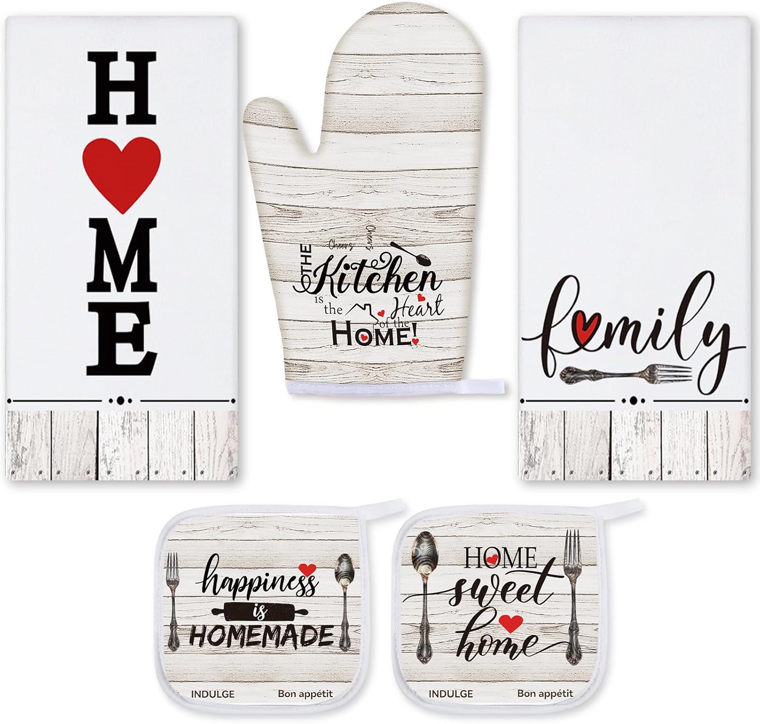 Rtteri 5 Pcs Farmhouse Dish Towels Pot Holders Oven Mitts Set 2 Vintage Wood Planks Kitchen Towels 1 Mittens Oven Glove 2 Potholders for Cooking Baking Grilling Supply Holiday, Housewarming Gifts