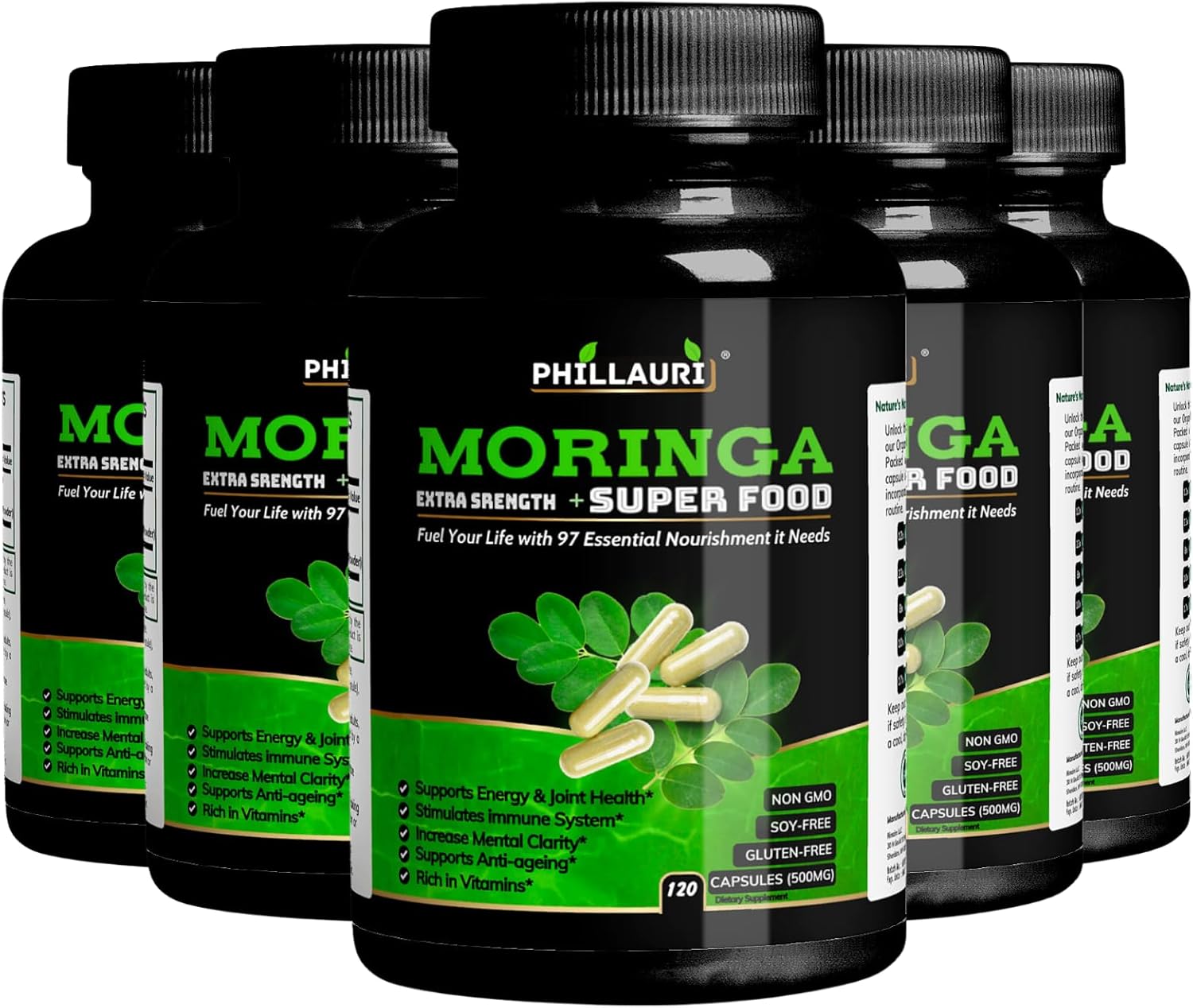 Organic Moringa Powder Capsules | Moringa Leaves Derived from Pure Moringa Powder | 120 Count Moringa Capsule - 600 Capsules (Pack of 5)