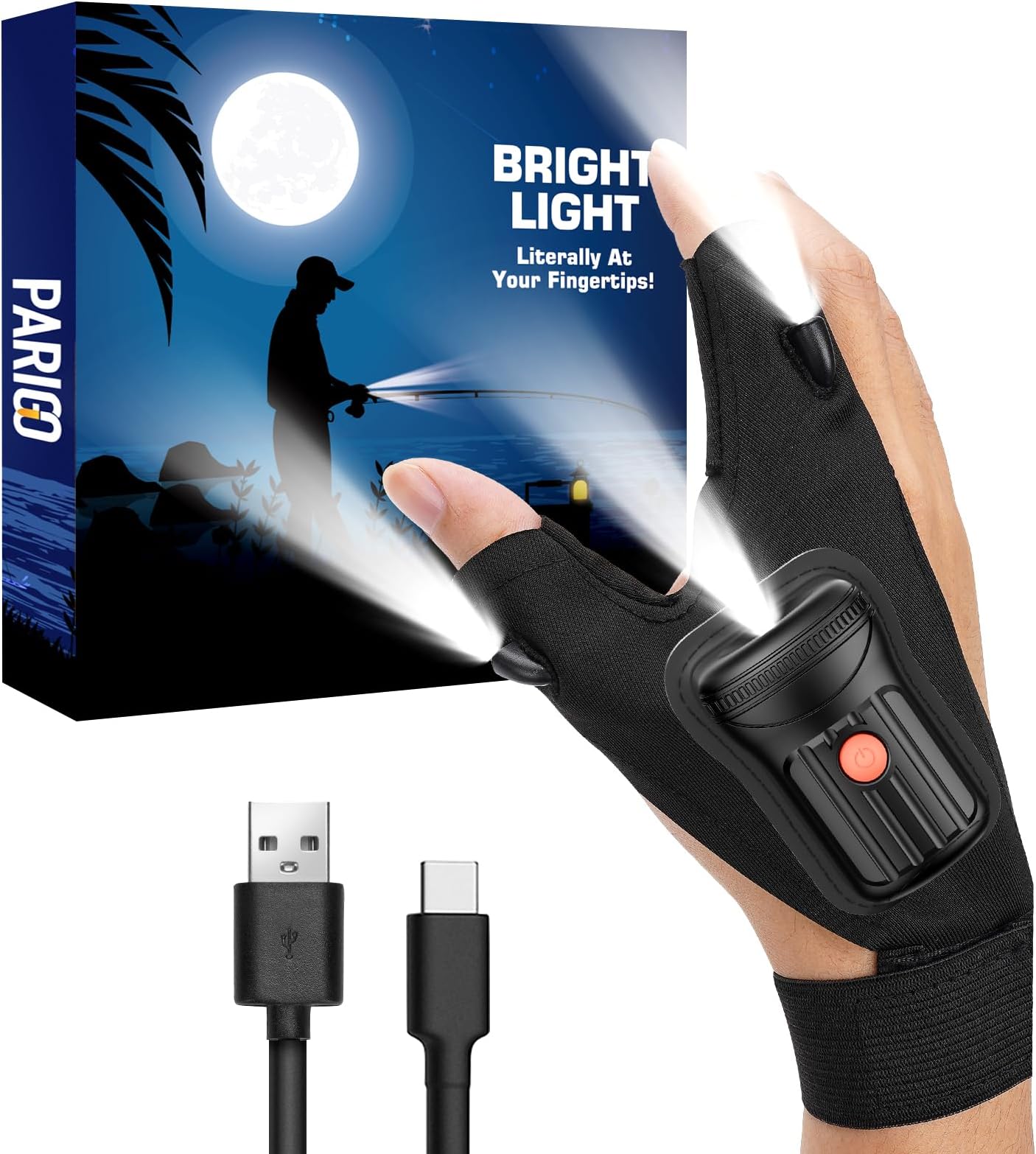 PARIGO Flashlight Gloves for Men Rechargeable (1 Pair) Stocking Stuffers for Men Dad Him Husband Teen Boys, Christmas Birthday Gifts Cool Gadgets Led Gloves for Fishing Camping Repairing