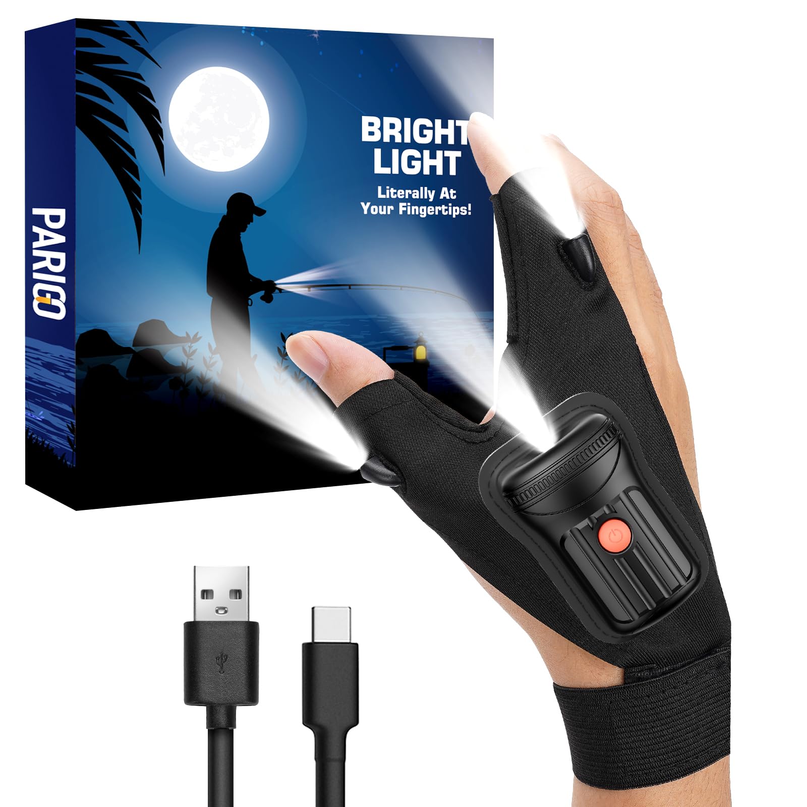 PARIGO Flashlight Gloves for Men Rechargeable (1 Pair) Stocking Stuffers for Men Dad Him Husband Teen Boys, Christmas Birthday Gifts Cool Gadgets Led Gloves for Fishing Camping Repairing