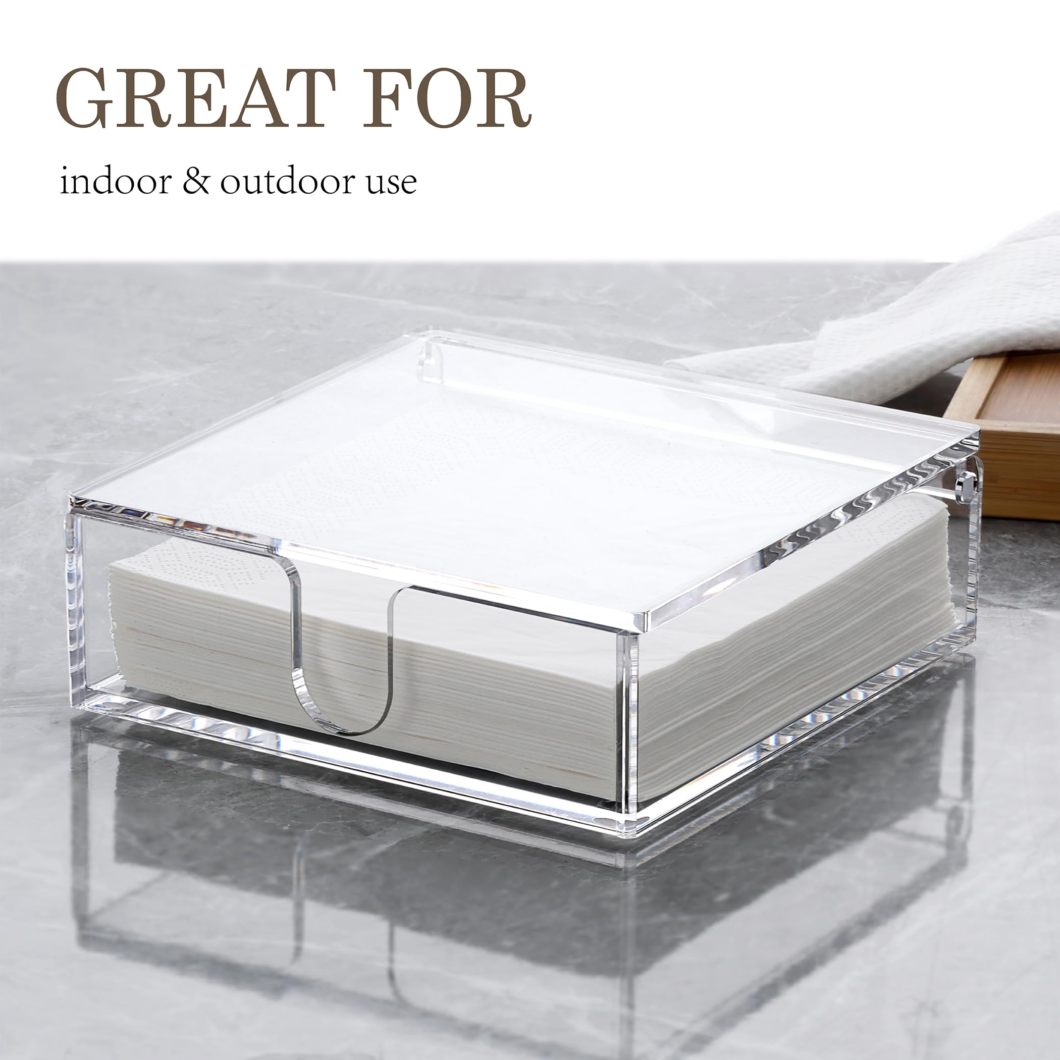 DINGHUO Servilletero de acrílico, dispensador plano de servilletas de almuerzo con tapa, organizador de servilletas de papel impermeable con tapa abatible transparente para mesa, cocina, interior y