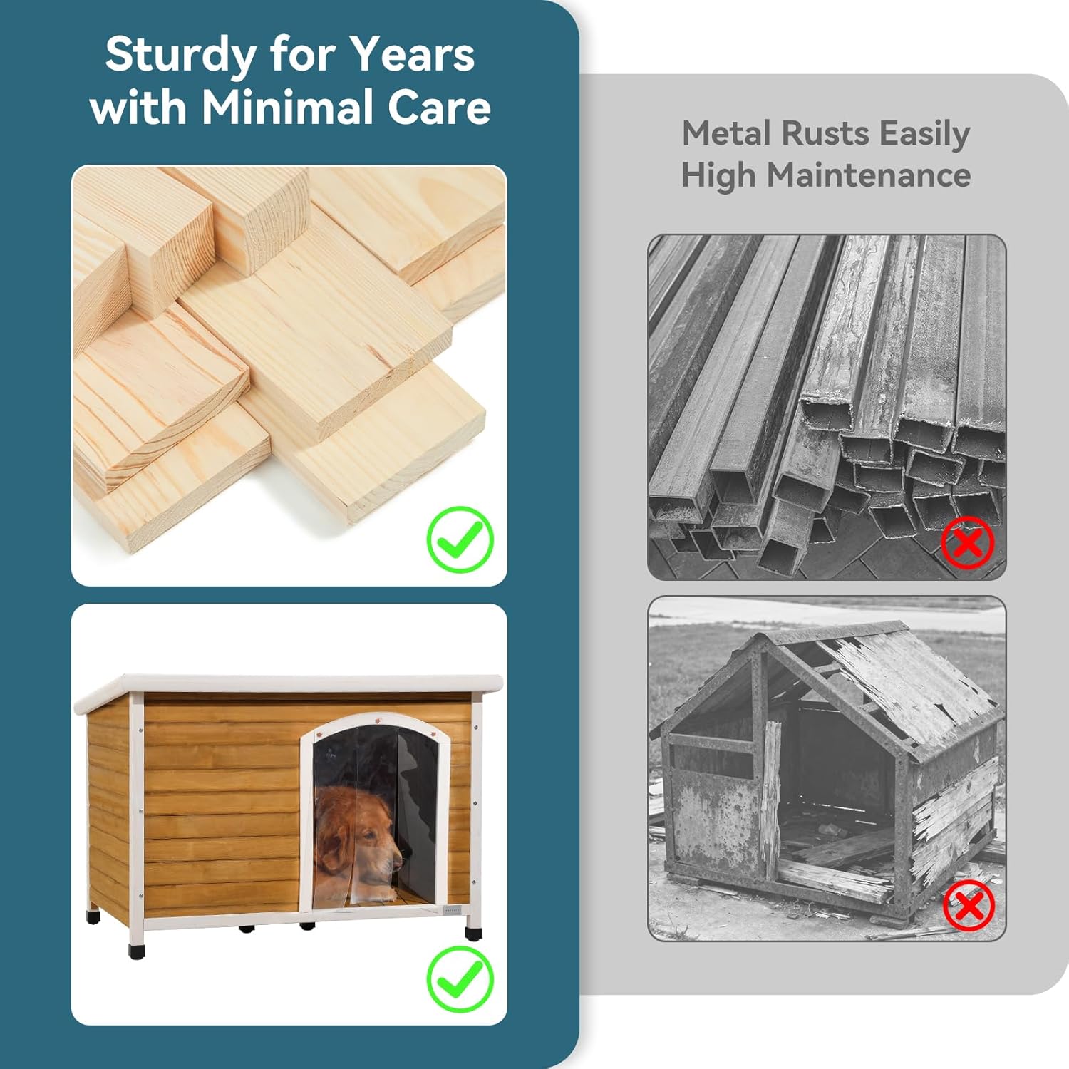 Petsfit Wooden Dog House for Medium to Large Dogs, Yellow and White, large/45.6" x 30.9" x 32.1"