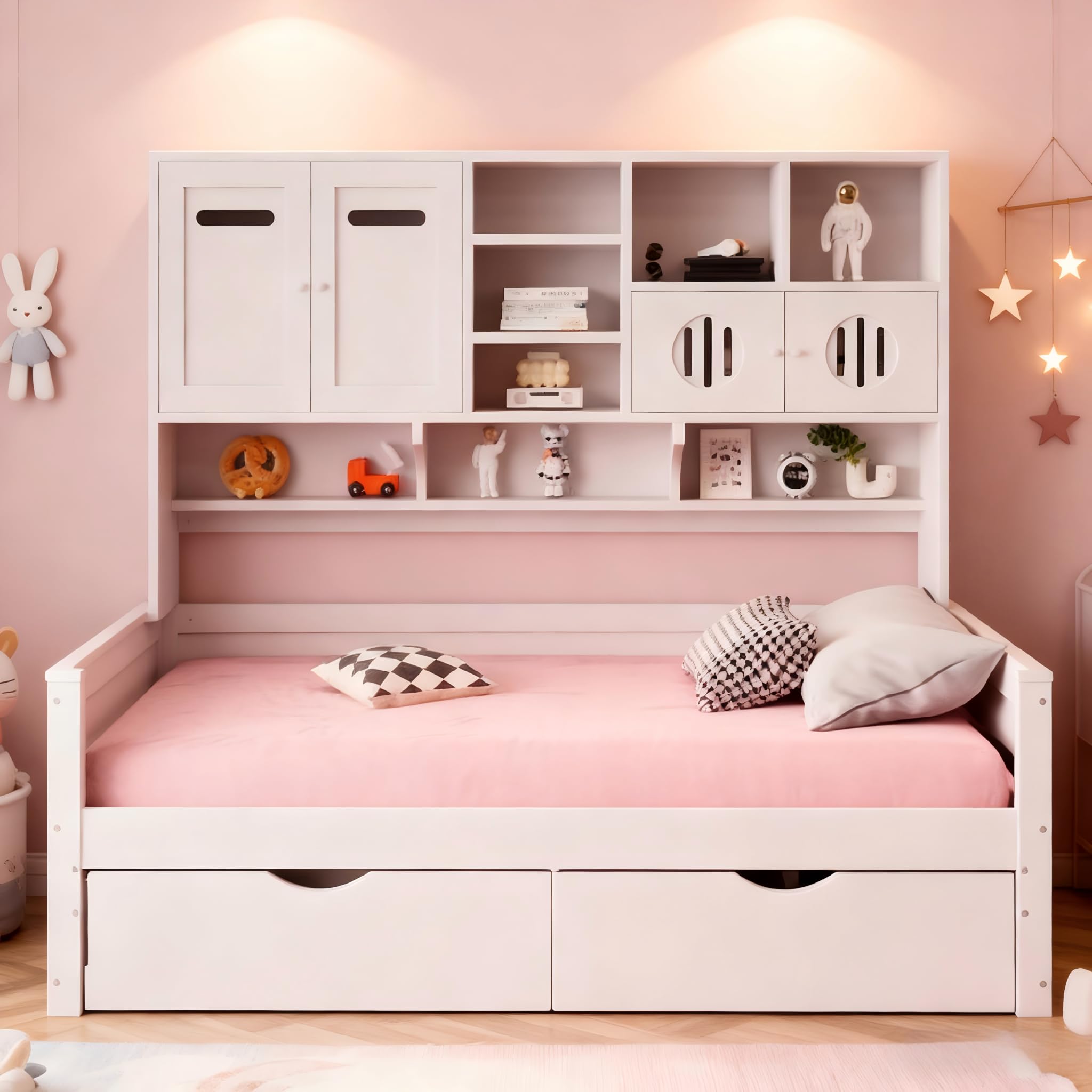 Sofá cama de madera, 90 x 200 cm, almacenamiento multifuncional, cama infantil, cajón grande, cama individual, cama juvenil, somier (sin colchón) (blanco)