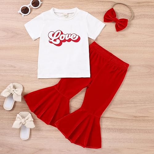 Miniatura 7 de TBUIALL Ropa de bebé niña para el día de San Valentín, manga corta, camiseta con letras, sin botones, pantalones acampanados, conjunto de ropa para