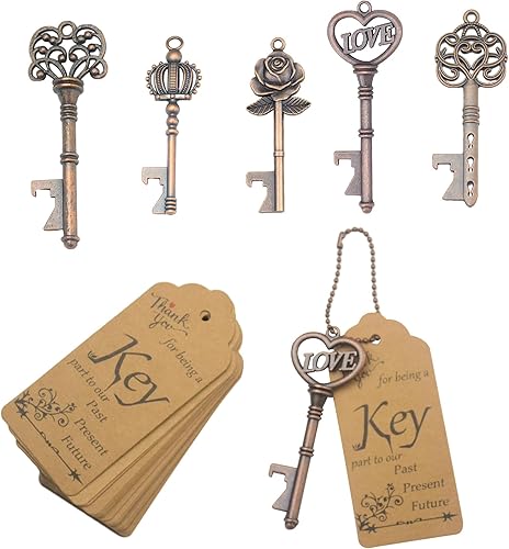 Makhry Abridor de botellas de 50 piezas de recuerdos de boda, abridor de botellas de esqueleto vintage con etiquetas de escolta y llaveros, regalos