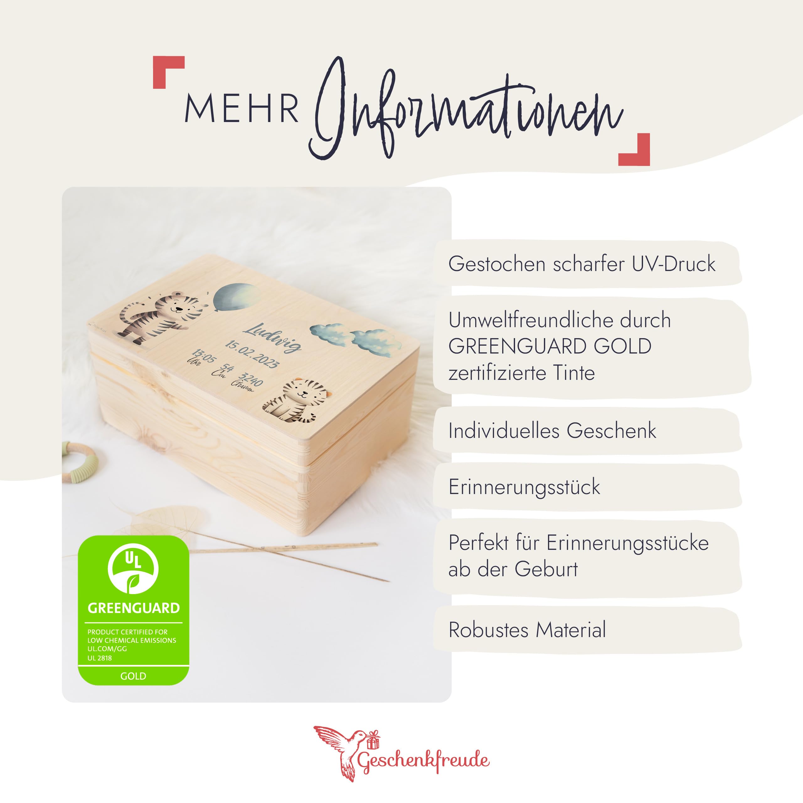 Geschenkfreude Erinnerungsbox Baby Personalisiert - 30x20x14cm - UV-Druck - Individuelle Baby Aufbewahrungsbox - individuelle Erinnerungskiste aus Holz - Einzigartige Geschenke zur Geburt - Tiger