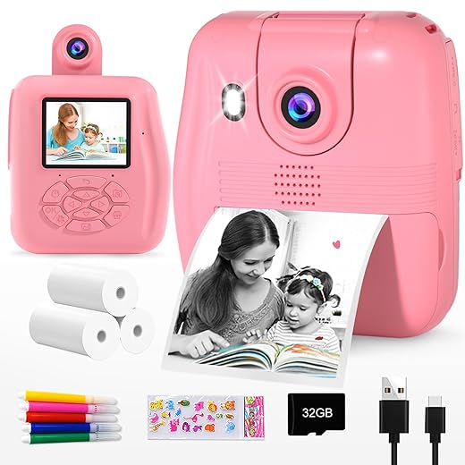 GKTZ Kids Camera Instant Print - 1080P HD 0 Ink Instant Print Photo - Christmas Birthday Gifts for Age 3-8 Girls Boys - Portable Toy with 3 Rolls Photo Paper, 5 Color Pens, 32GB Card - Pink