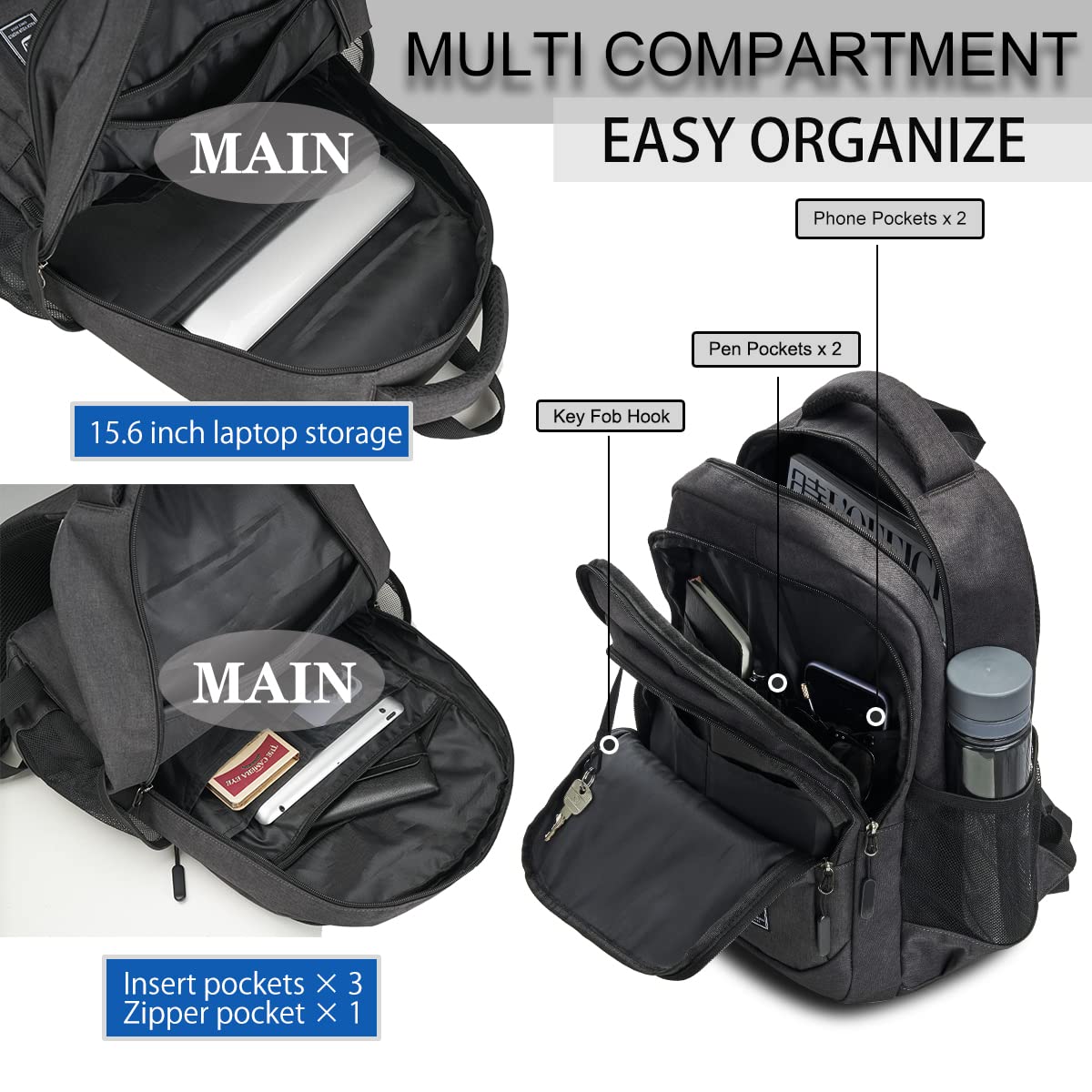 WIRABO Travel Backpack for Men 15.6 Inch Laptop Work Backpack Men Water Resistant Computer Business Black