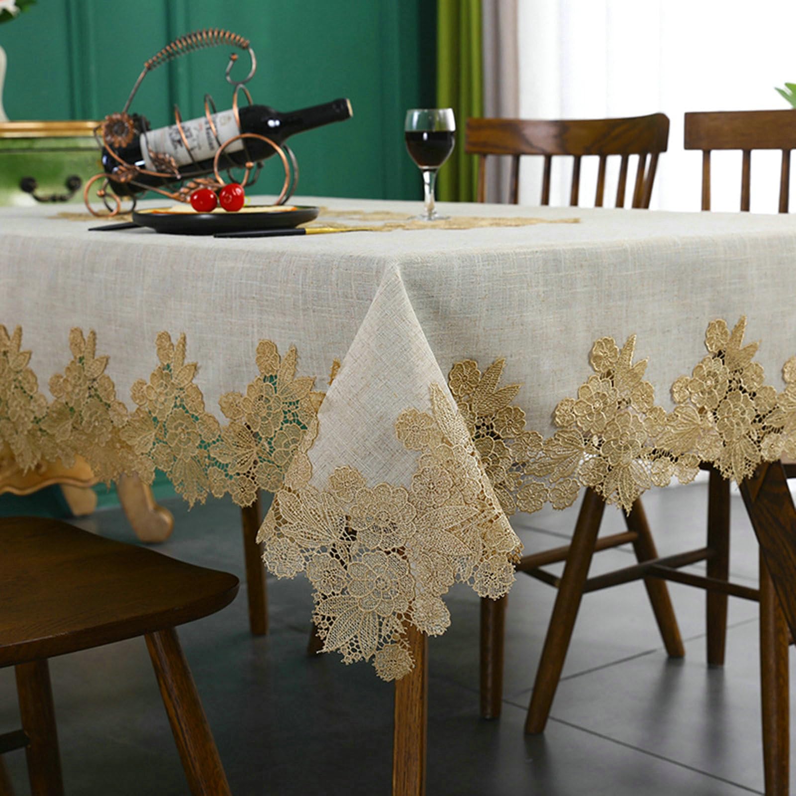 Tischdecke Abwaschbar 90x220 cm, Spitze Stickerei Polyester, Kaffee