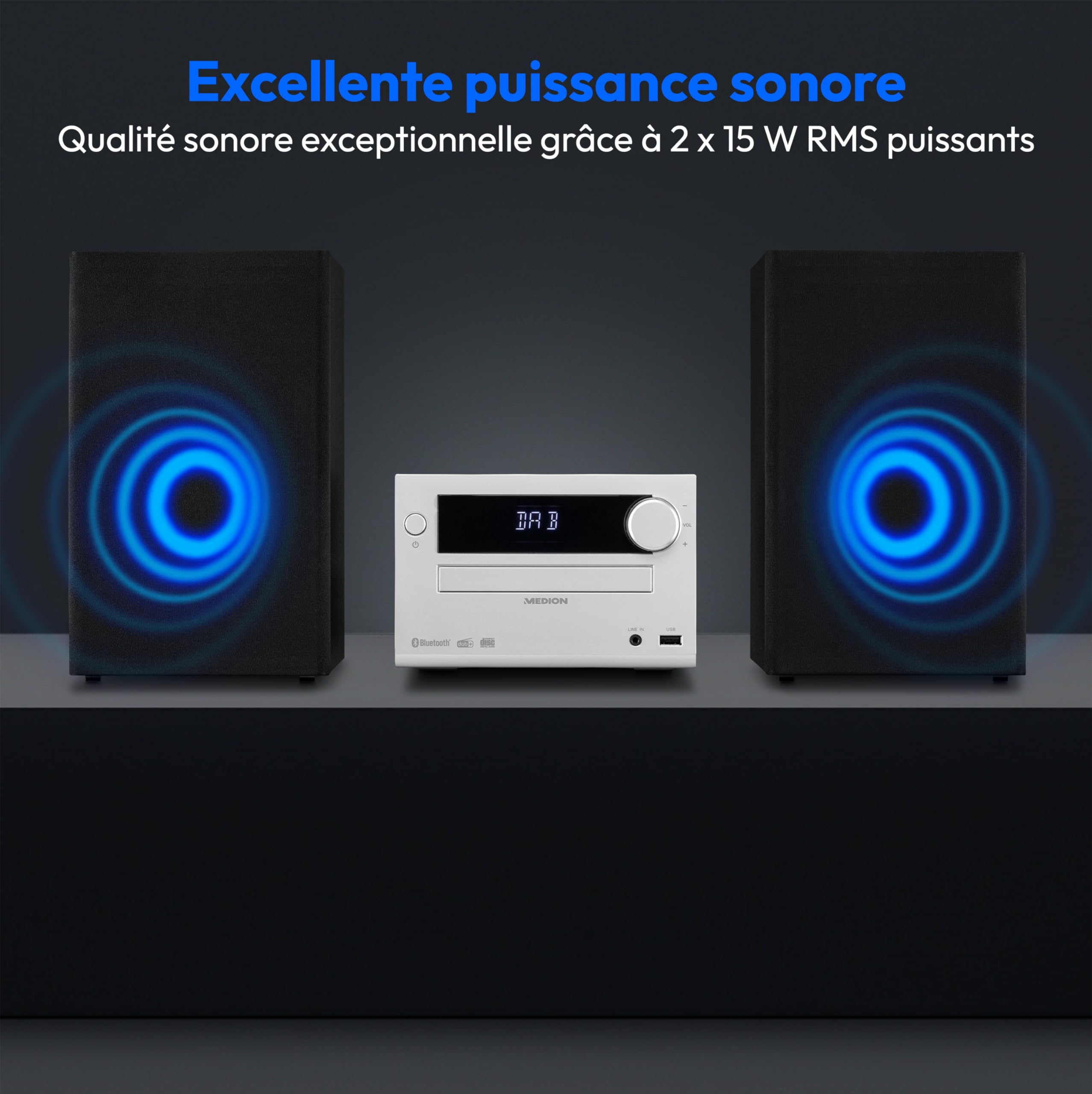 MEDION E64482 Microsystème audio compact (radio Internet, DAB+, lecteur CD, radio FM PLL, Bluetooth, lecteur MP3, AUX, prise casque, USB, minuteur de mise en veille, écran à intensité réglable) argent
