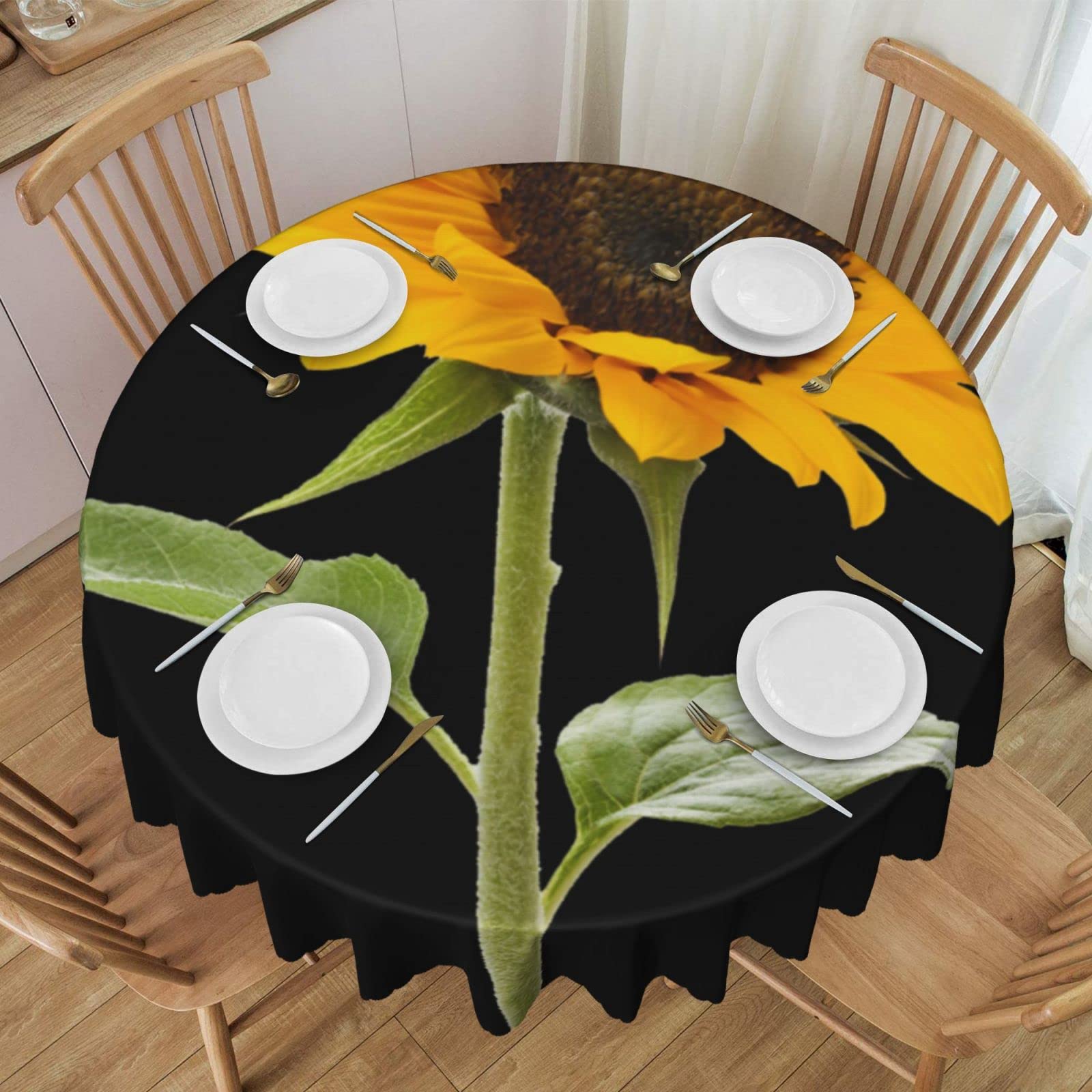 DCEHGEW 60 In Round Tablecloth with Lace, Bloom Sunflower Printed Oilproof & Washable Fabric Picnic Table Cloth Table Covers