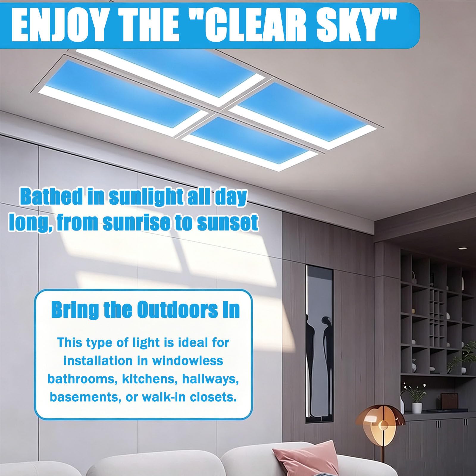 Pannello luminoso a effetto luce finta con telecomando,plafoniera LED intelligente effetto cielo blu che simula la luce naturale,dimmerabile in continuo,per ambienti senza finestre Embedded-32*122cm