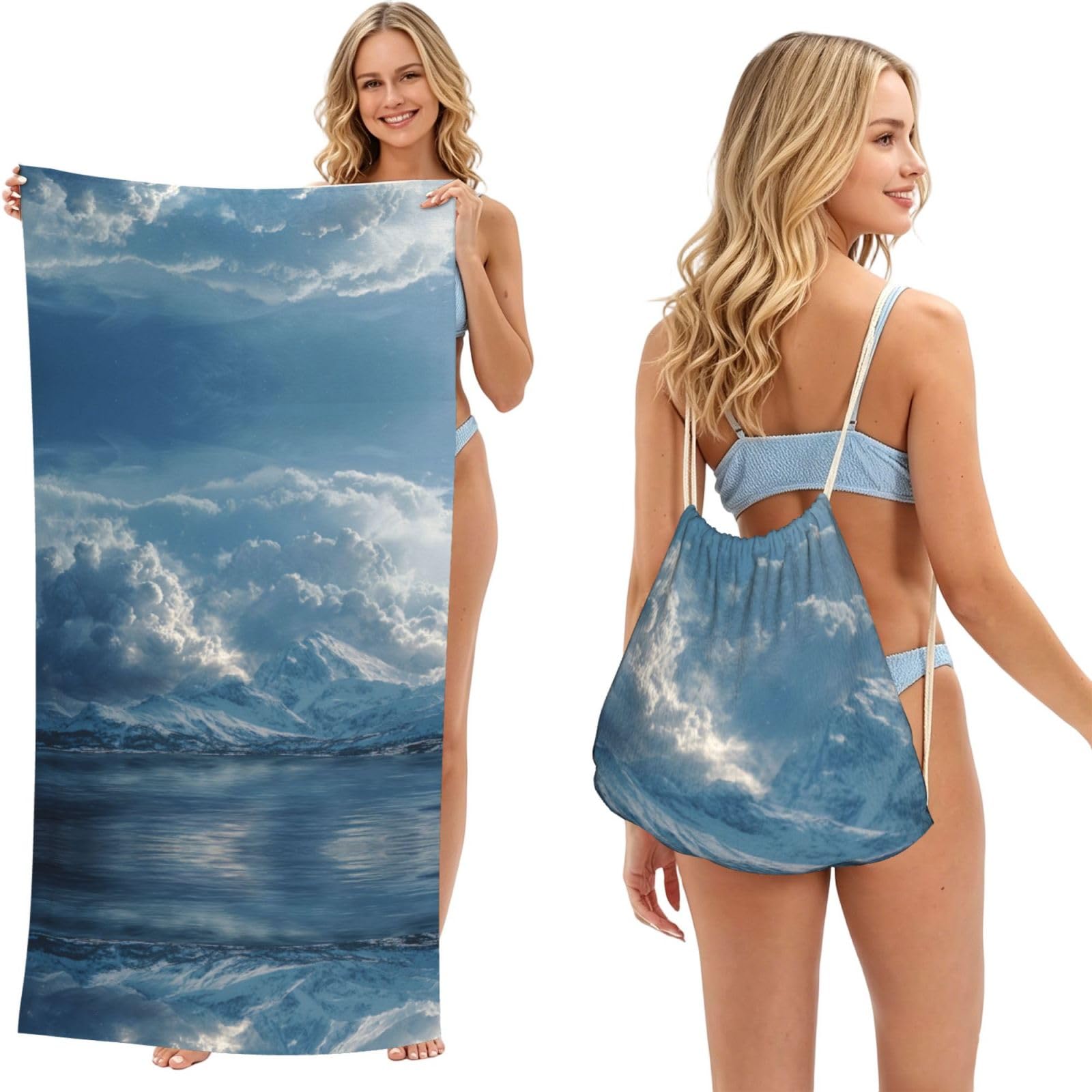 ESNAIUVCD Snow Mountain Cloud Sea Print Beach Towel For Adults,Towel With Drawstring Bag, Travel Pool Swimming Sports Shower Sand Free Quick Dry Bath Towel For Pool, Beach, Yoga- 180x60cm