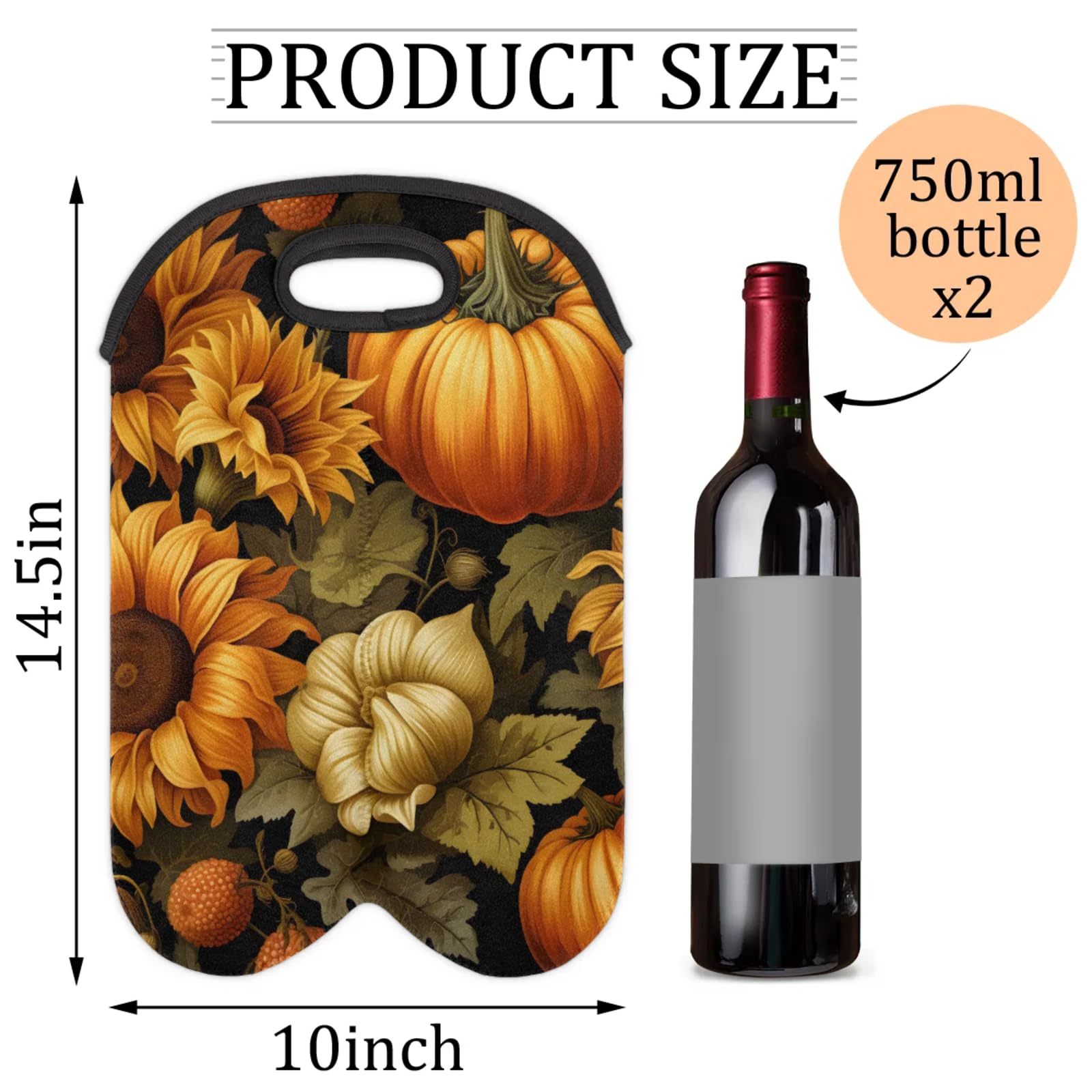 GzLeyigou 2 Bottles Pumpkin Sunflower Wine Bag Sleeve Totes Neoprene Protective Wine Carrier Bag for Wine,Water, Champagne, Beer, Baby Bottles,Gift 14.5 x 10 Inches