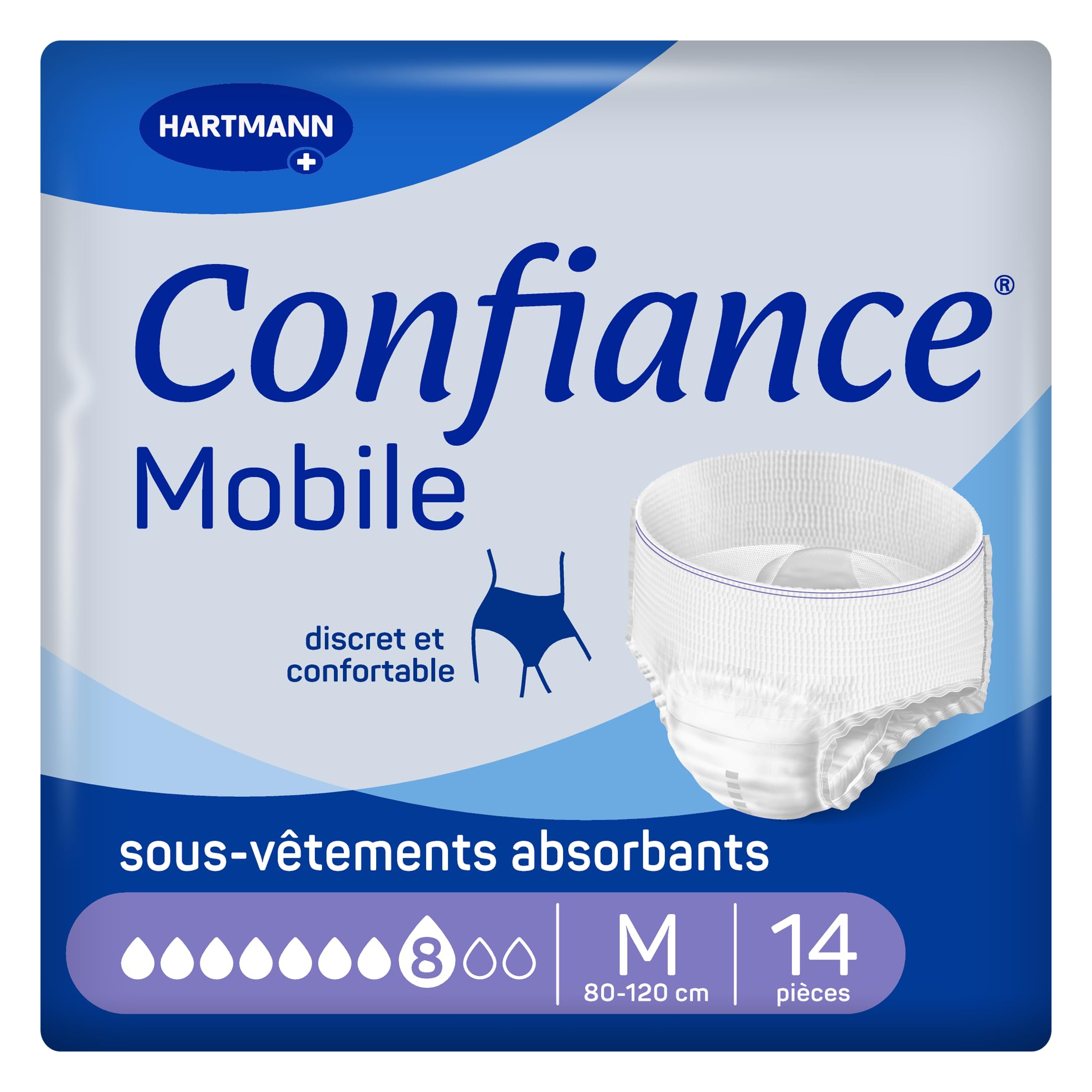 Confiance Mobile - Slips Absorbants pour Hommes et Femmes - Niveau d'Absorption = 8 gouttes (Fuites Urinaires Importantes) - Discrets et efficaces - pH Neutre à la Peau - Taille M - 14 Unités