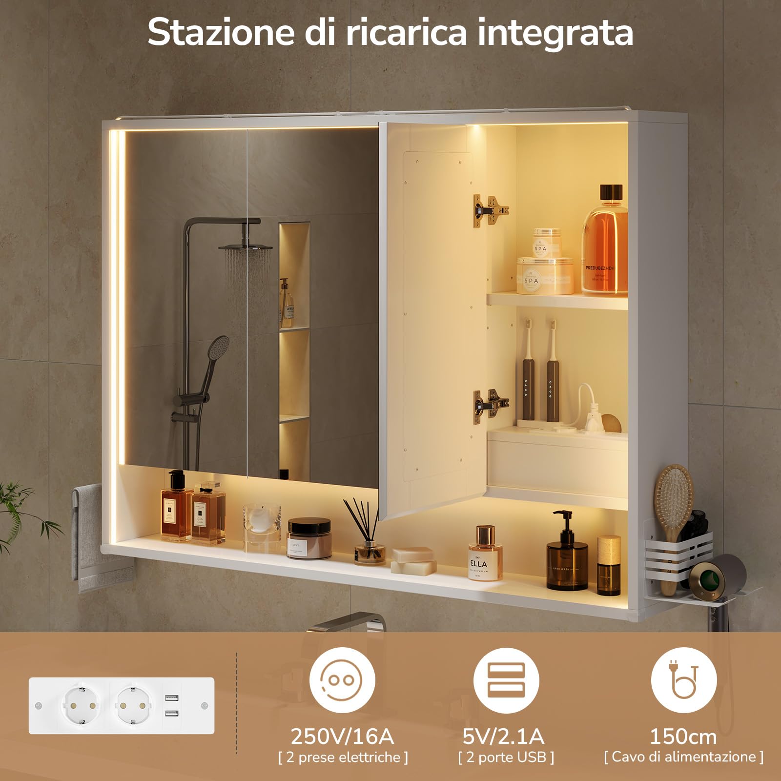 Specchio Bagno Contenitore 100Lx78Hx18P cm – Luce LED Incassata su 3 Lati, Design a 360° per Visione Totale, Touch 3 Luci, Prese, Porta Asciugacapelli e Asciugamani