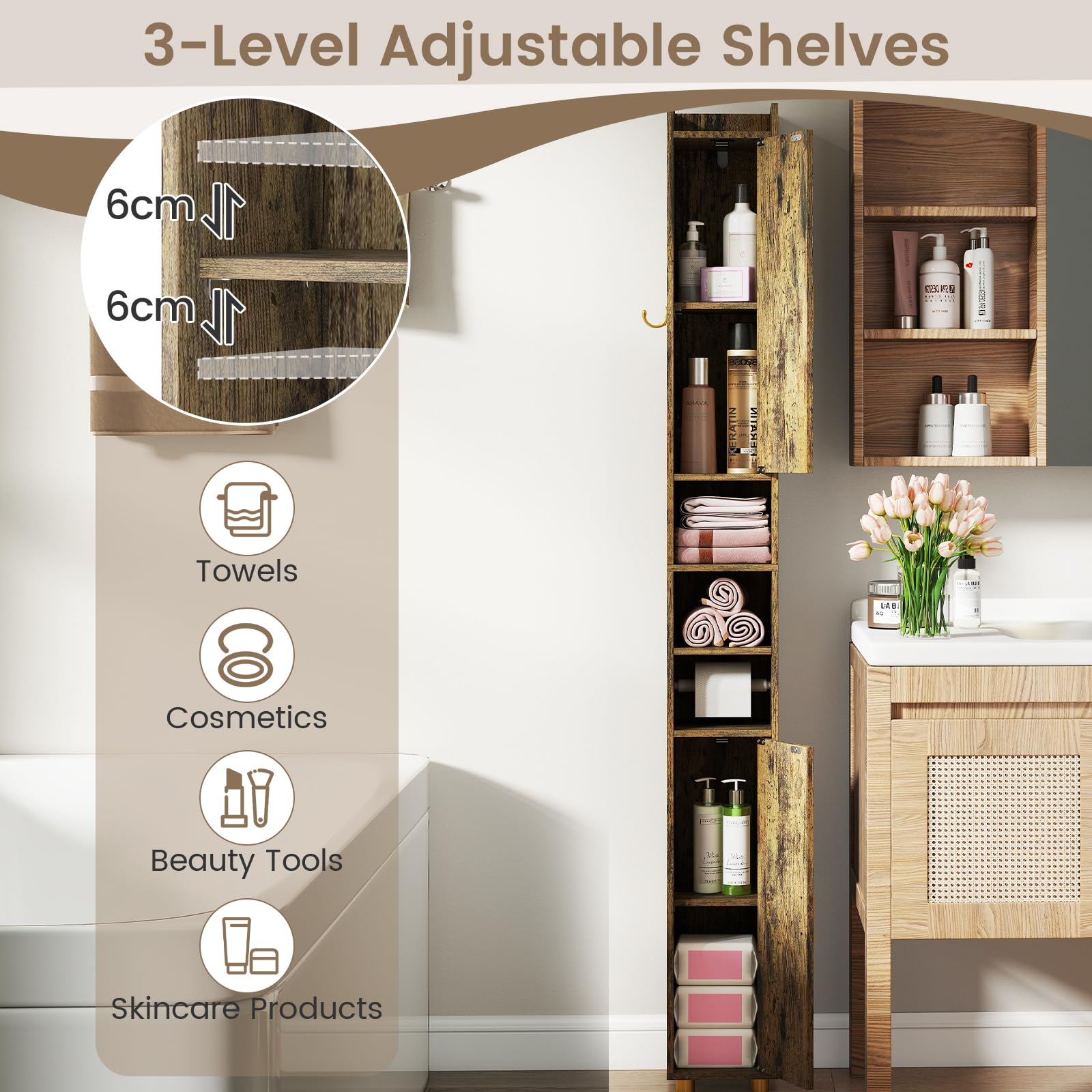 LIFEZEAL Meuble Colonne de Salle de Bain avec étagère réglable sur 3 Niveaux, Armoire de Rangement Gain de Place, 2 Portes, Porte-Rouleau pour Papier Toilette (Marron)