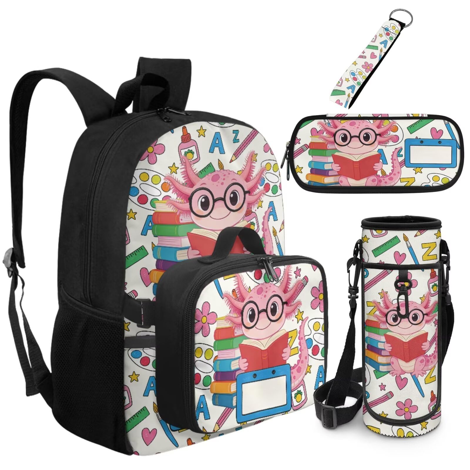 COEQINE Niedlicher Rucksack für Kinder, Schultasche, 5-teiliges Büchertaschen-Set mit Lunchbox, Federmäppchen, Schlüsselanhänger für Teenager von 6–12 Jahren, Axolotl Buntes Schulbuch, M, Designer