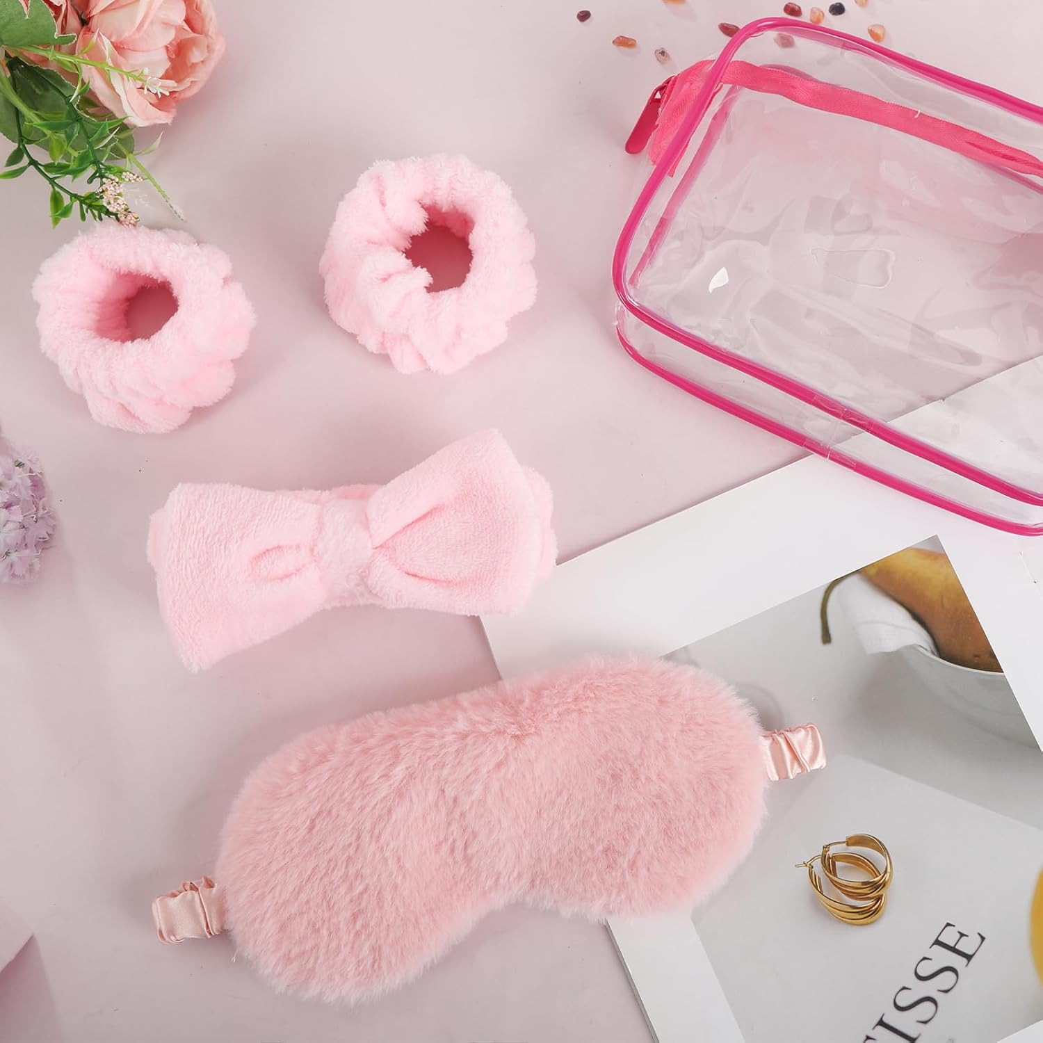 40 Pcs Sleepover Party Supplies for Girls, 8 Spa Headband, 16 Hand Bands, 8 Plush Sleep Eye Mask, 8 Clear Cosmetic Bags, Makeup Washing Face, Bulk for Spa Party Favors