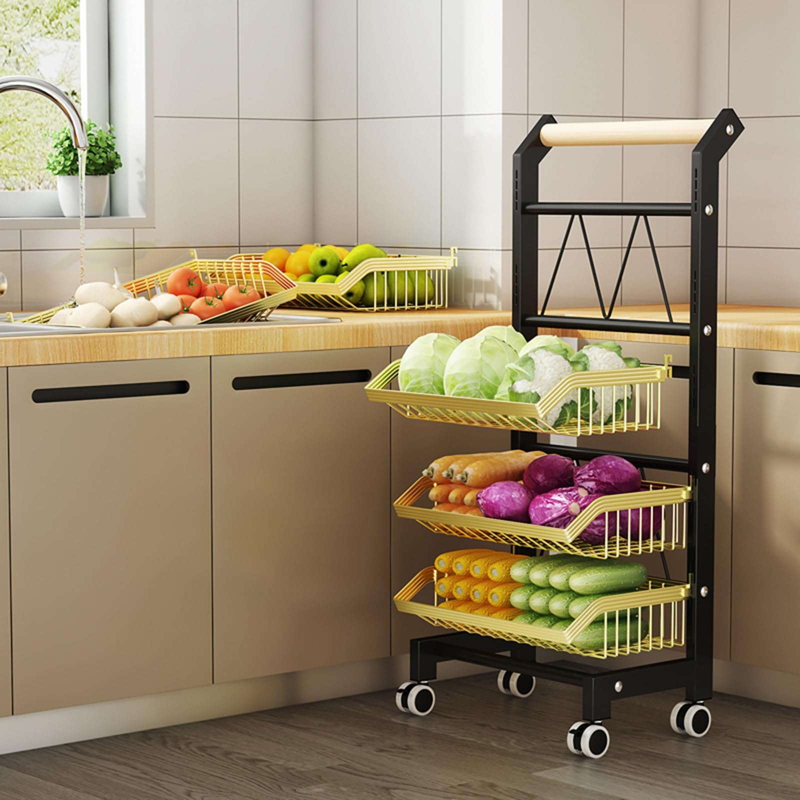 METTEOR Snack Storage Rack,3 4 5 Tier Fruit Vegetable Basket, Stackable Metal Wire Basket Cart with Rolling Wheels, Utility Rack for Kitchen Pantry Garage (Black+gold 5 Tier)
